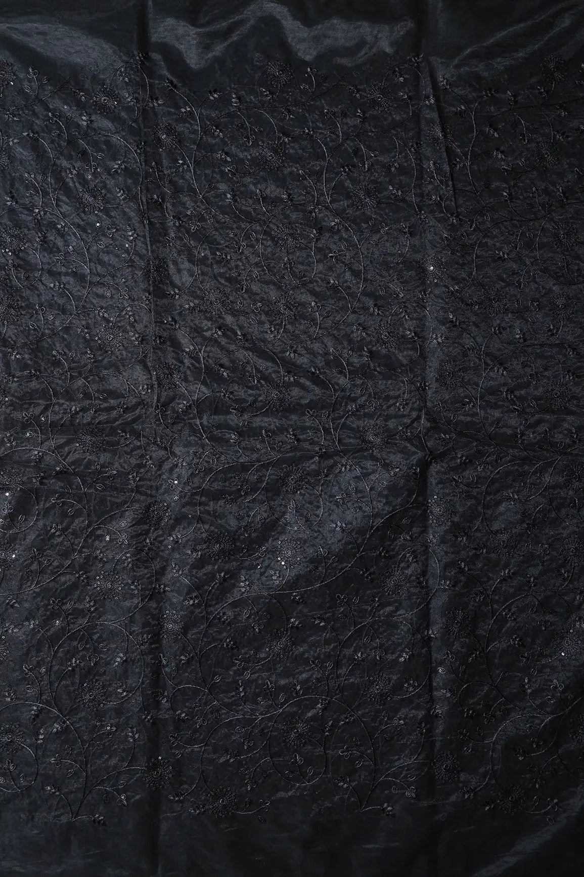AIzaSyBcstauz-XMPRhEY21AUzeo032pxrXB5Ug - Black Sequins With Black Thread Floral Embroidery On Black Soft Net Fabric