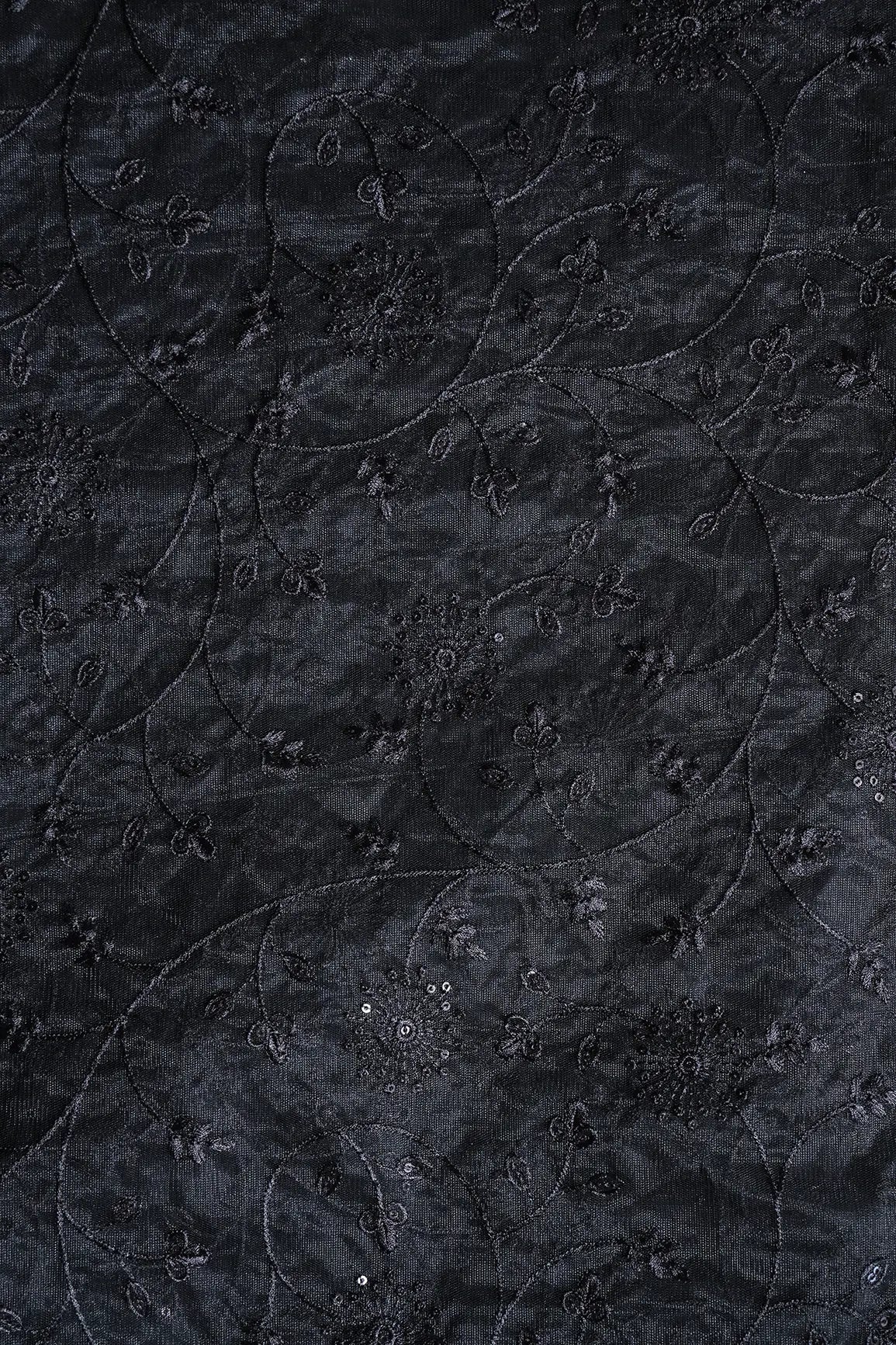 AIzaSyBcstauz-XMPRhEY21AUzeo032pxrXB5Ug - Black Sequins With Black Thread Floral Embroidery On Black Soft Net Fabric