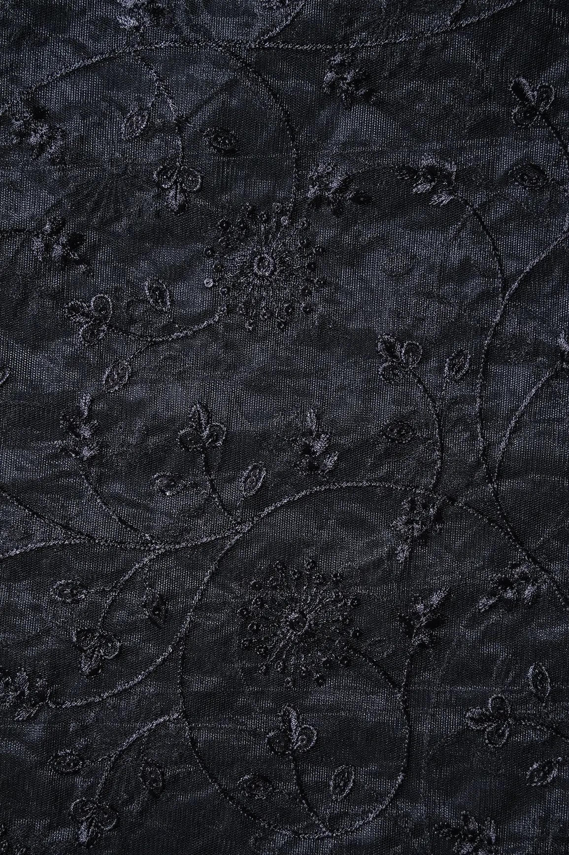 AIzaSyBcstauz-XMPRhEY21AUzeo032pxrXB5Ug - Black Sequins With Black Thread Floral Embroidery On Black Soft Net Fabric