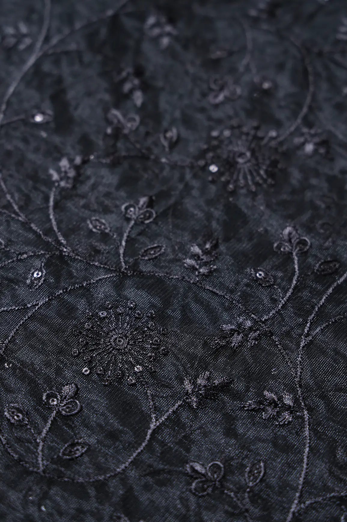 AIzaSyBcstauz-XMPRhEY21AUzeo032pxrXB5Ug - Black Sequins With Black Thread Floral Embroidery On Black Soft Net Fabric
