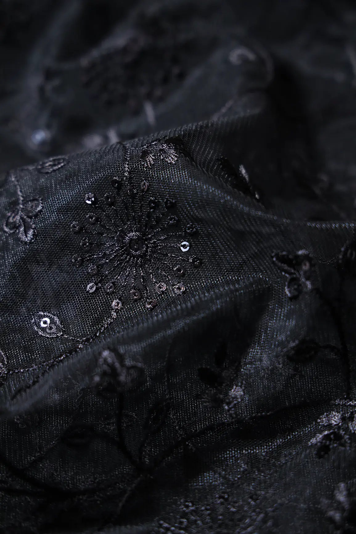 AIzaSyBcstauz-XMPRhEY21AUzeo032pxrXB5Ug - Black Sequins With Black Thread Floral Embroidery On Black Soft Net Fabric