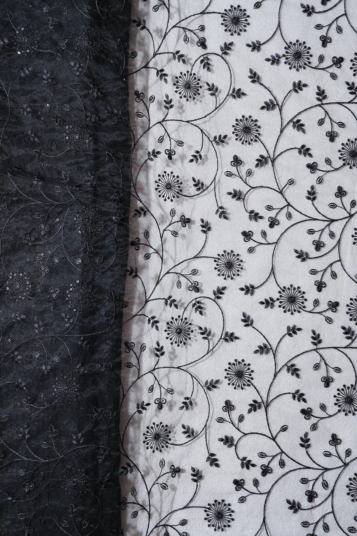 AIzaSyBcstauz-XMPRhEY21AUzeo032pxrXB5Ug - Black Sequins With Black Thread Floral Embroidery On Black Soft Net Fabric