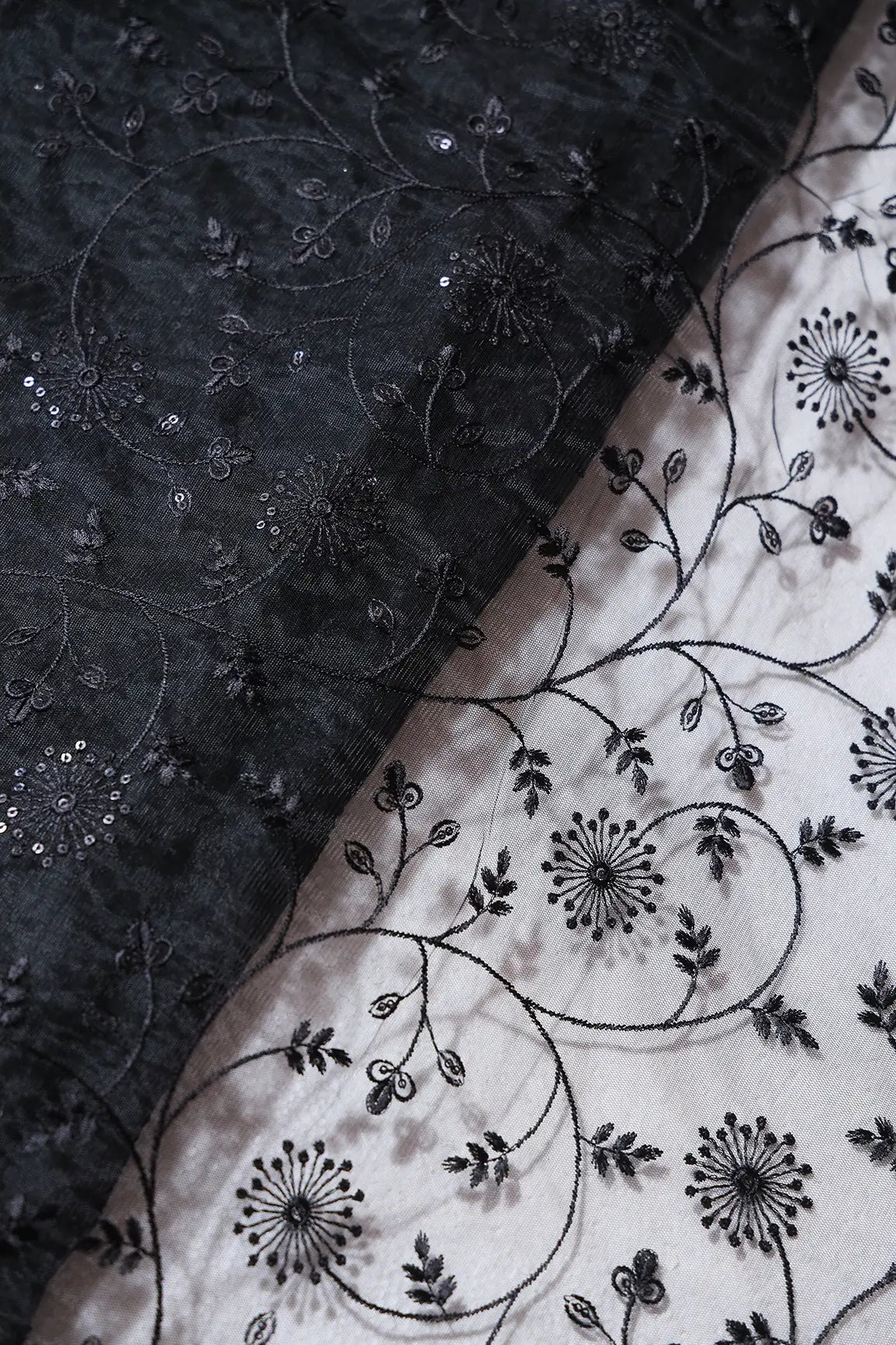 AIzaSyBcstauz-XMPRhEY21AUzeo032pxrXB5Ug - Black Sequins With Black Thread Floral Embroidery On Black Soft Net Fabric