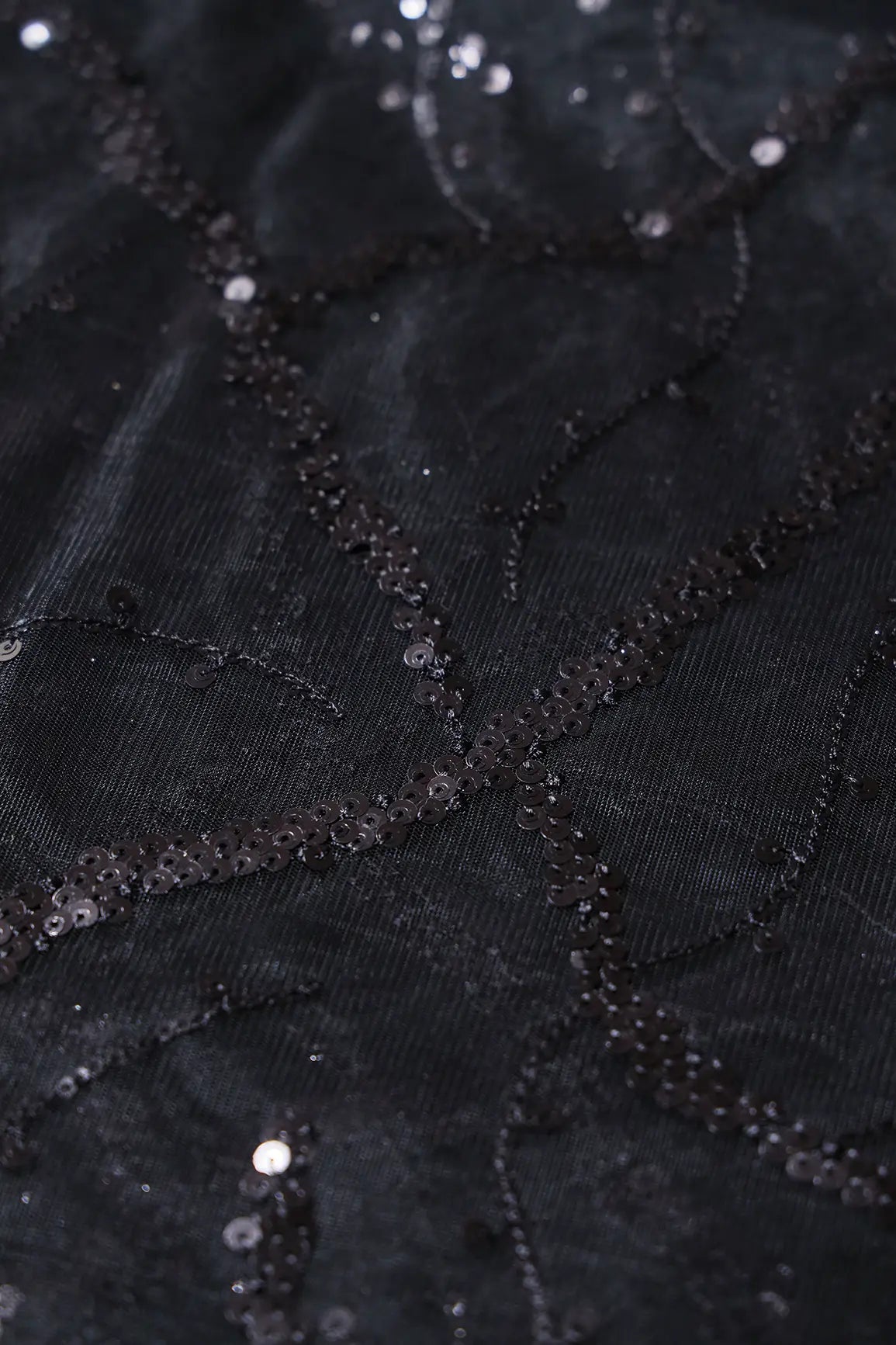 AIzaSyBcstauz-XMPRhEY21AUzeo032pxrXB5Ug - Black Sequins Geometric Embroidery On Black Soft Net Fabric