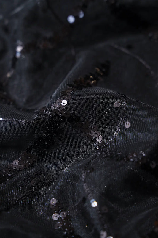 AIzaSyBcstauz-XMPRhEY21AUzeo032pxrXB5Ug - Black Sequins Geometric Embroidery On Black Soft Net Fabric