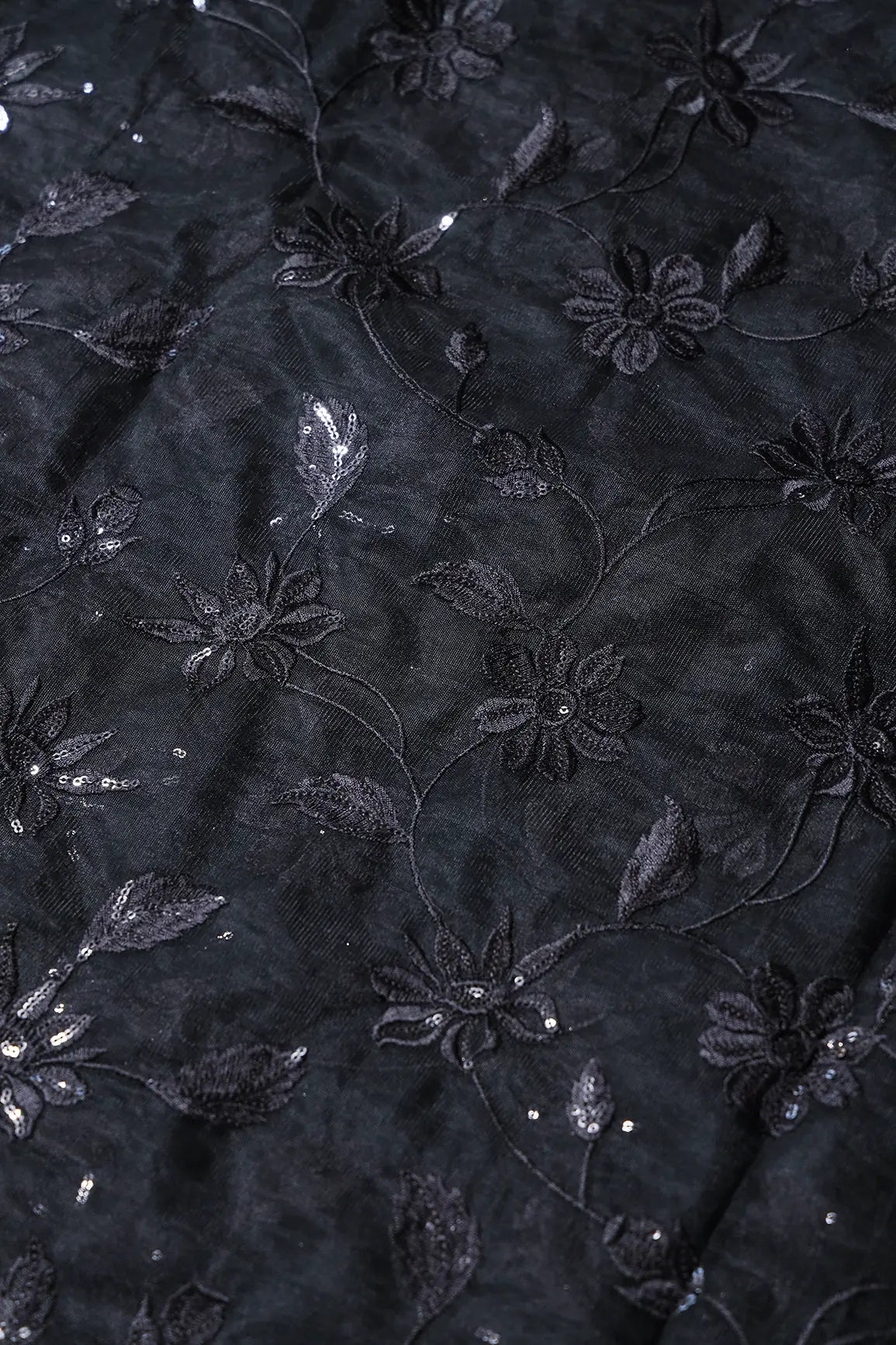 AIzaSyBcstauz-XMPRhEY21AUzeo032pxrXB5Ug - Black Thread With Black Sequins Floral Embroidery On Black Soft Net Fabric