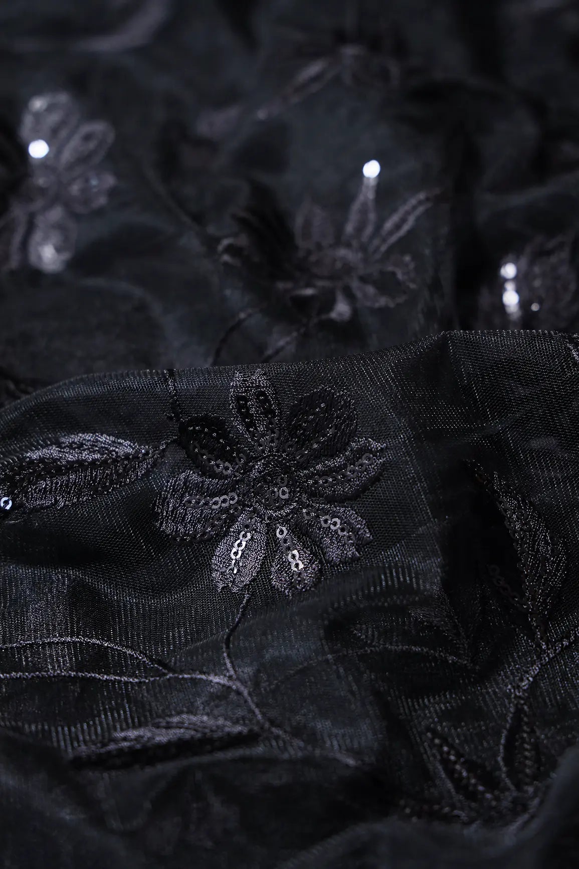 AIzaSyBcstauz-XMPRhEY21AUzeo032pxrXB5Ug - Black Thread With Black Sequins Floral Embroidery On Black Soft Net Fabric