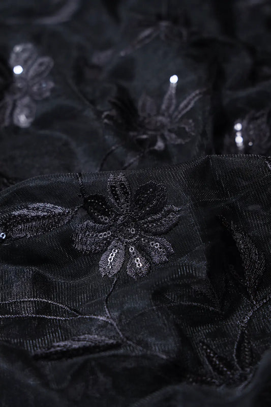 AIzaSyBcstauz-XMPRhEY21AUzeo032pxrXB5Ug - Black Thread With Black Sequins Floral Embroidery On Black Soft Net Fabric
