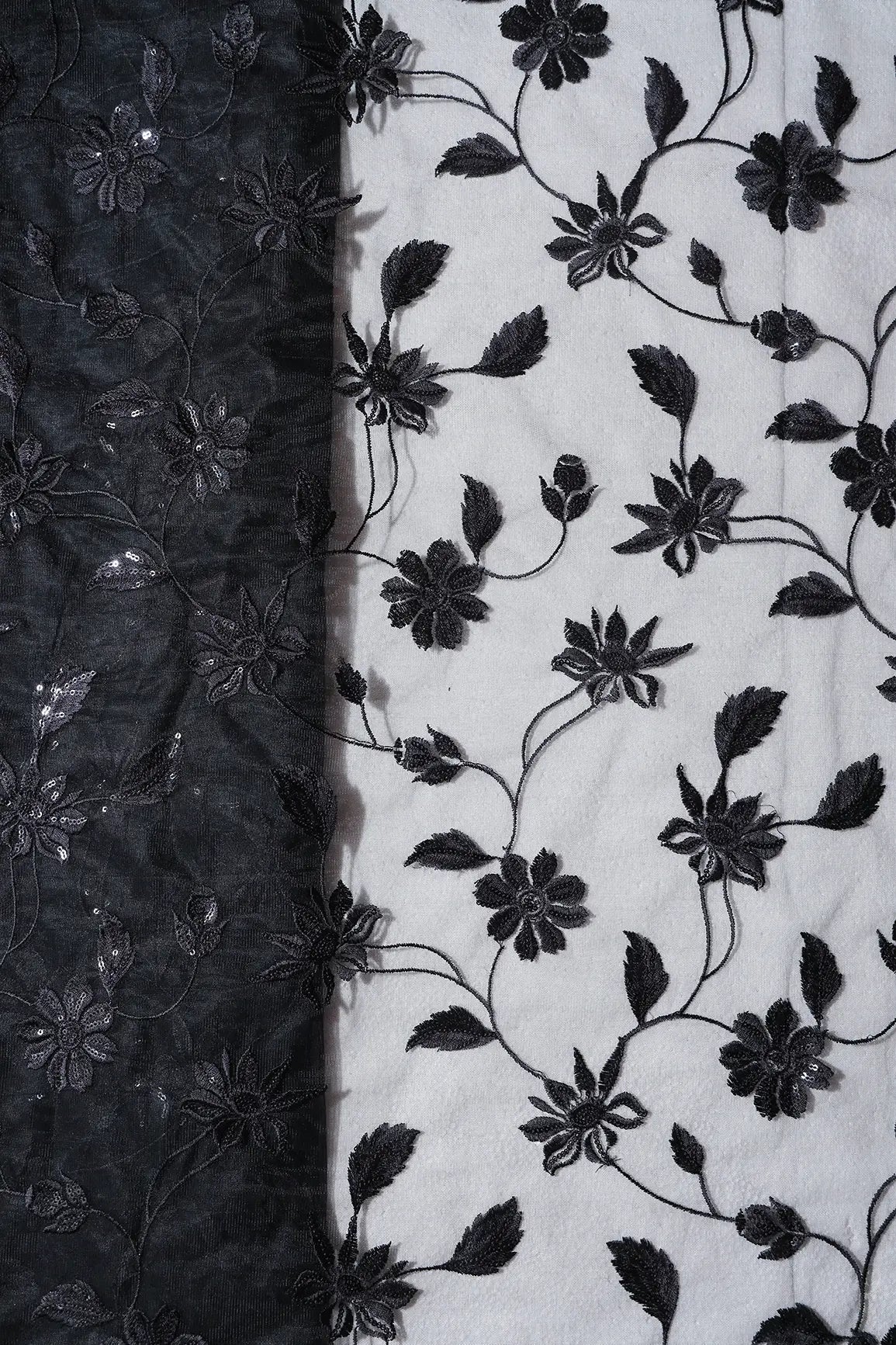 AIzaSyBcstauz-XMPRhEY21AUzeo032pxrXB5Ug - Black Thread With Black Sequins Floral Embroidery On Black Soft Net Fabric
