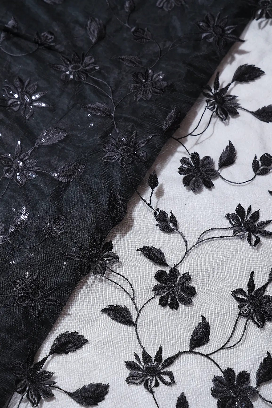 AIzaSyBcstauz-XMPRhEY21AUzeo032pxrXB5Ug - Black Thread With Black Sequins Floral Embroidery On Black Soft Net Fabric