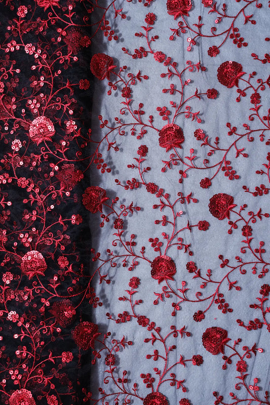 Red Thread With Red Sequins Floral Embroidery On Black Soft Net Fabric
