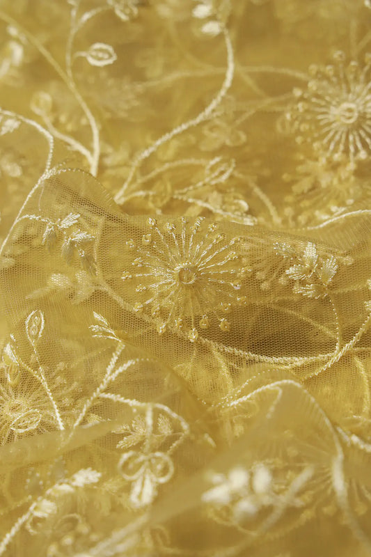 Yellow Sequins With Yellow Thread Floral Embroidery On Yellow Soft Net Fabric