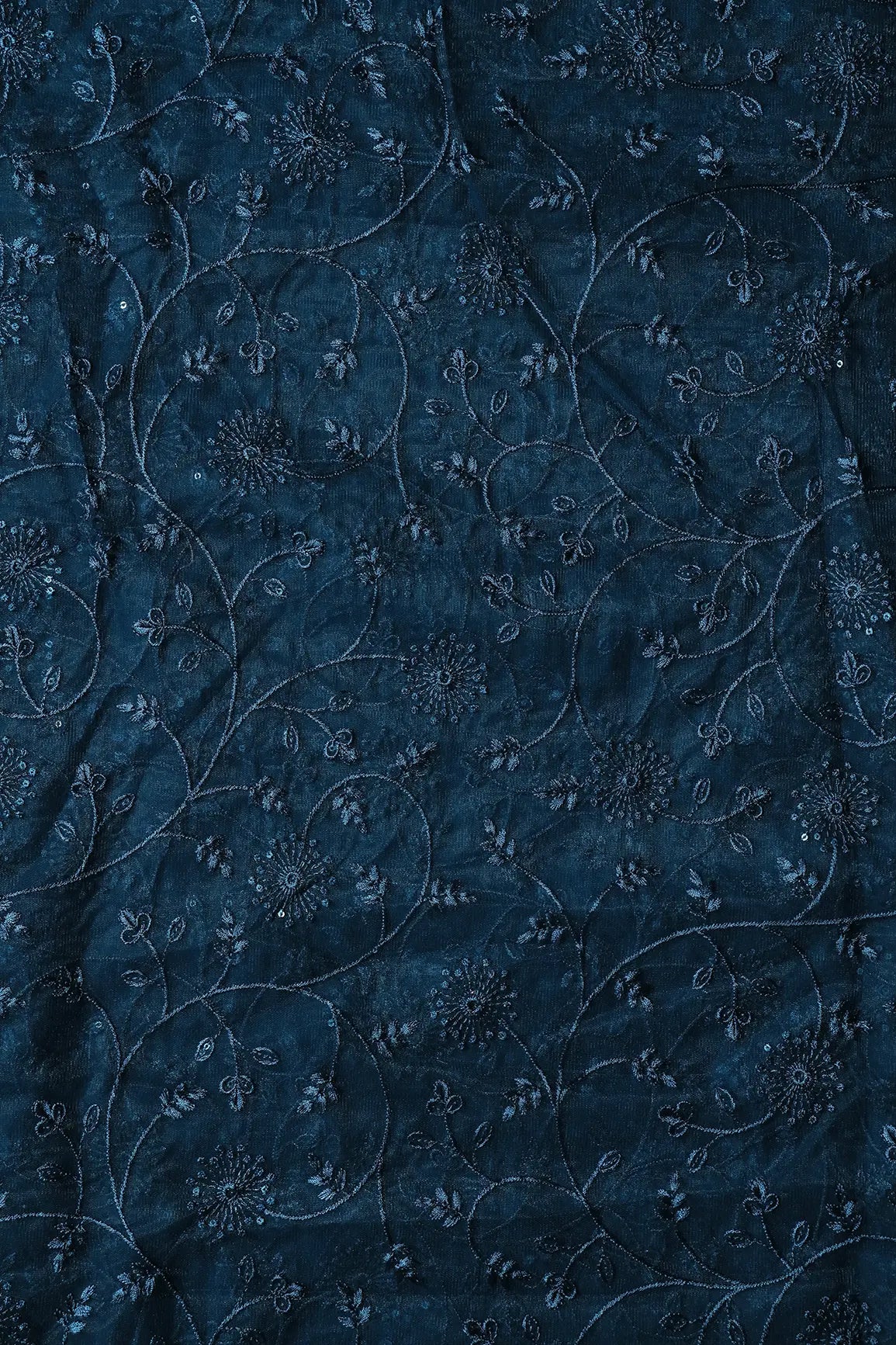 AIzaSyBcstauz-XMPRhEY21AUzeo032pxrXB5Ug - Blue Sequins With Blue Thread Floral Embroidery On Prussian Blue Soft Net Fabric