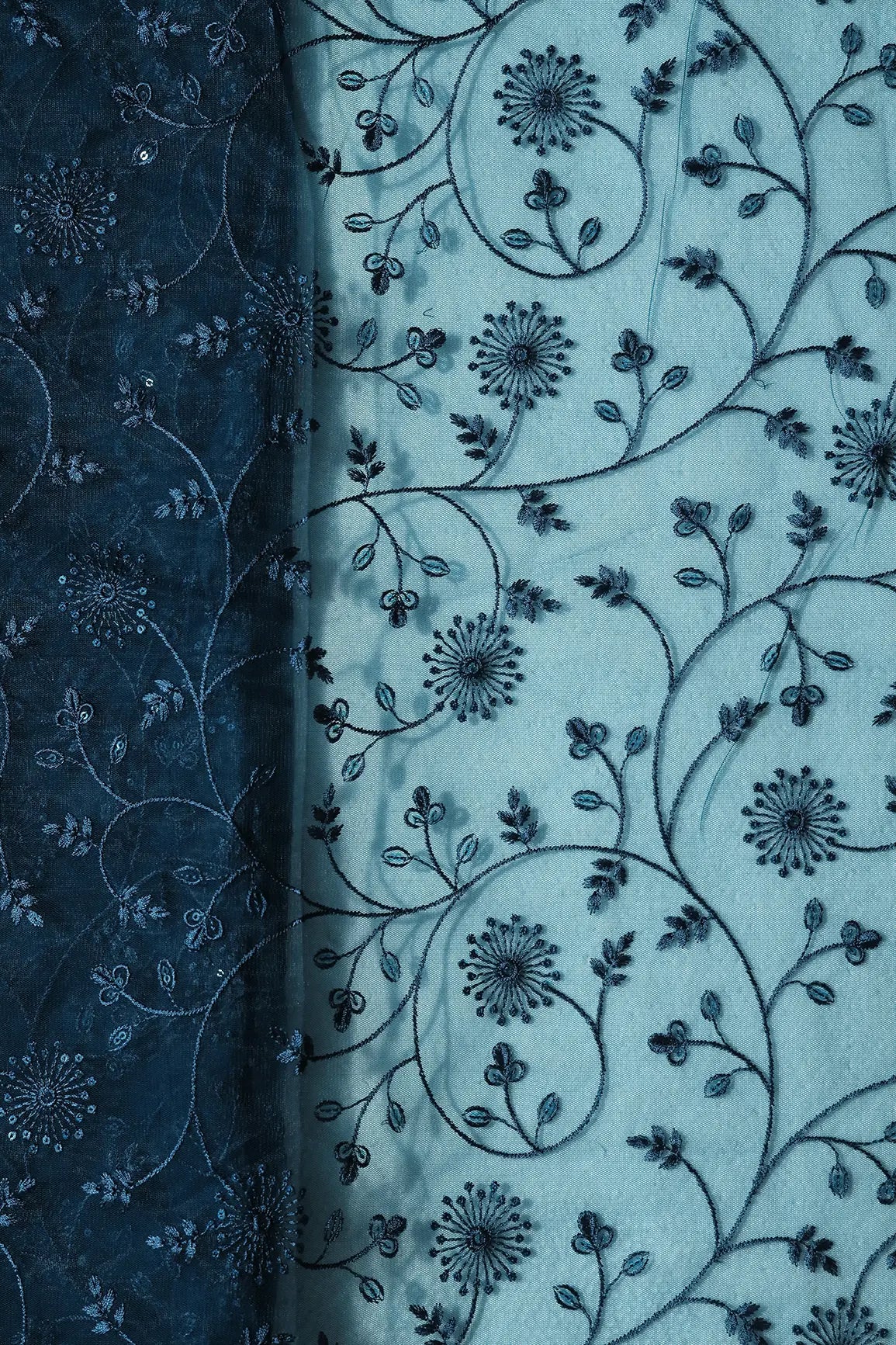 AIzaSyBcstauz-XMPRhEY21AUzeo032pxrXB5Ug - Blue Sequins With Blue Thread Floral Embroidery On Prussian Blue Soft Net Fabric