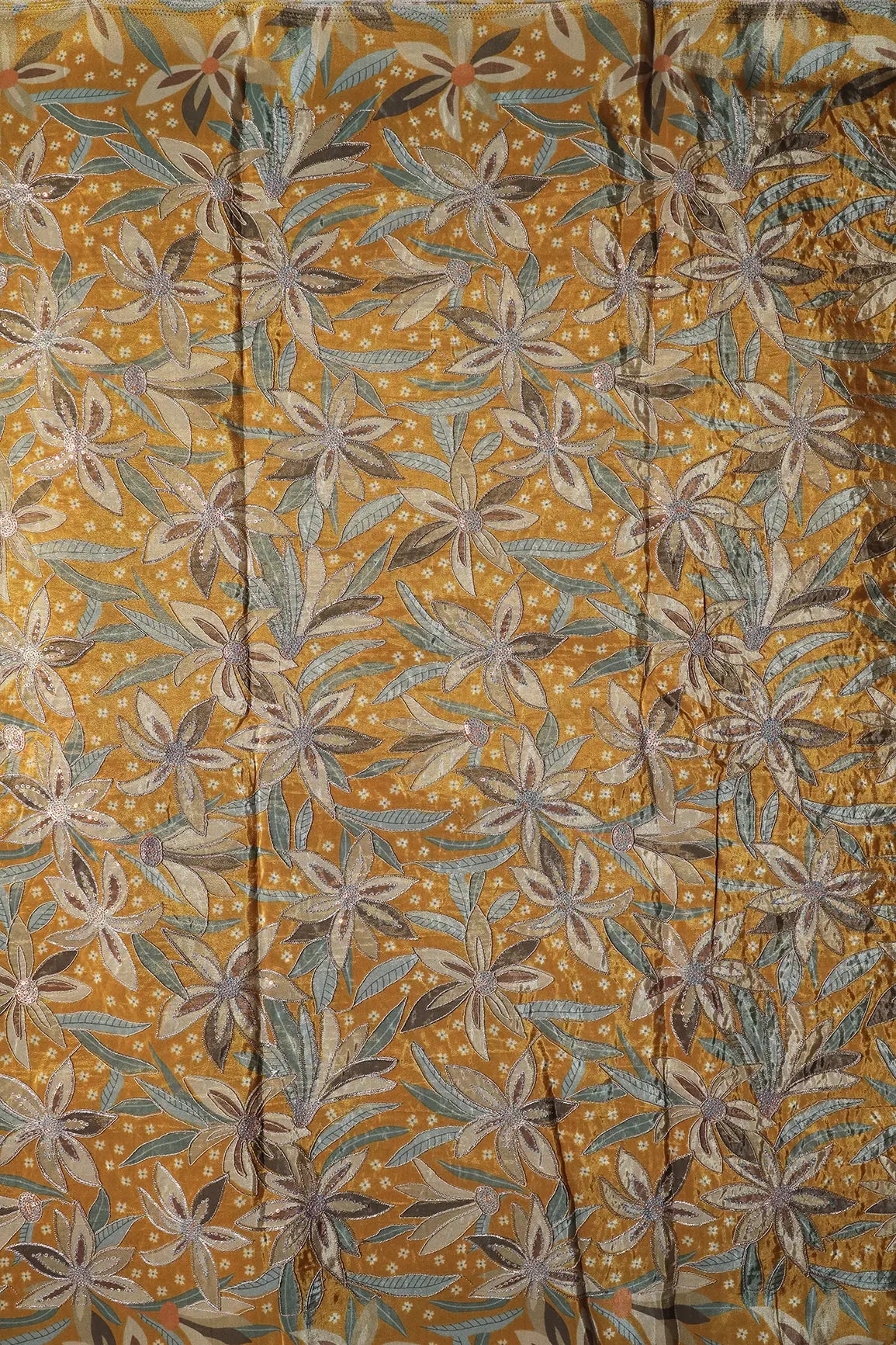 AIzaSyBcstauz-XMPRhEY21AUzeo032pxrXB5Ug - Floral Position Print On Sequins With Zari Embroidery Mustard Yellow Viscose Zari Tissue Fabric