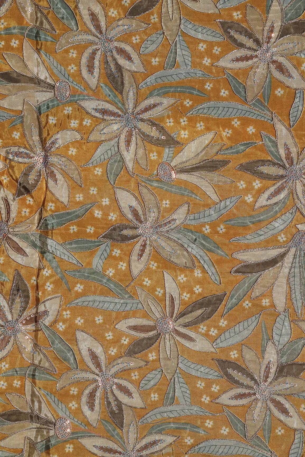 AIzaSyBcstauz-XMPRhEY21AUzeo032pxrXB5Ug - Floral Position Print On Sequins With Zari Embroidery Mustard Yellow Viscose Zari Tissue Fabric