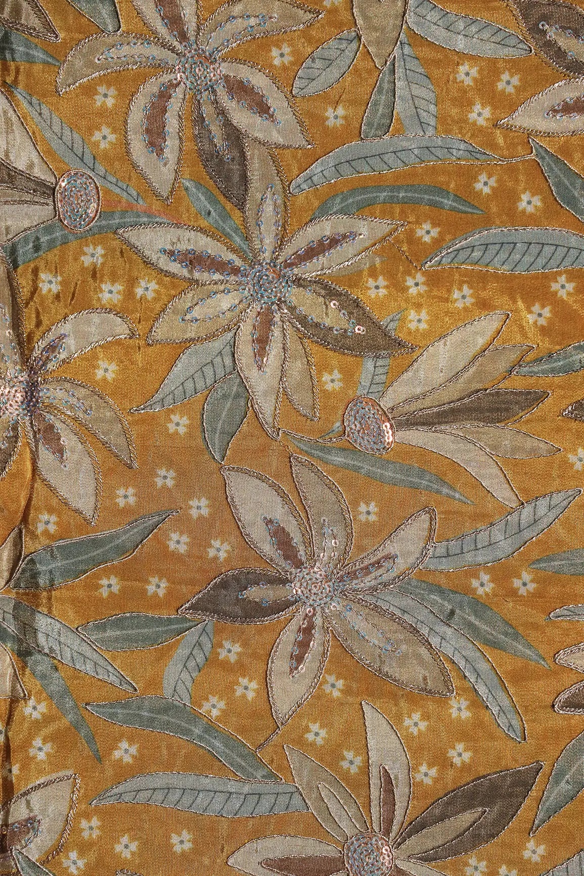 AIzaSyBcstauz-XMPRhEY21AUzeo032pxrXB5Ug - Floral Position Print On Sequins With Zari Embroidery Mustard Yellow Viscose Zari Tissue Fabric