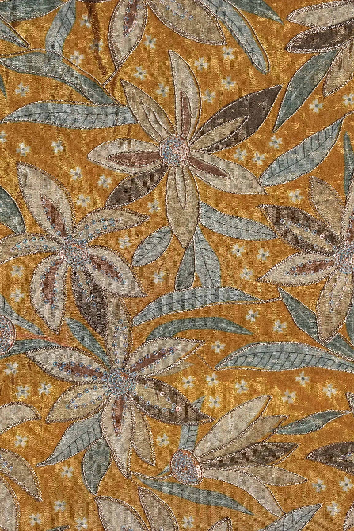 AIzaSyBcstauz-XMPRhEY21AUzeo032pxrXB5Ug - Floral Position Print On Sequins With Zari Embroidery Mustard Yellow Viscose Zari Tissue Fabric