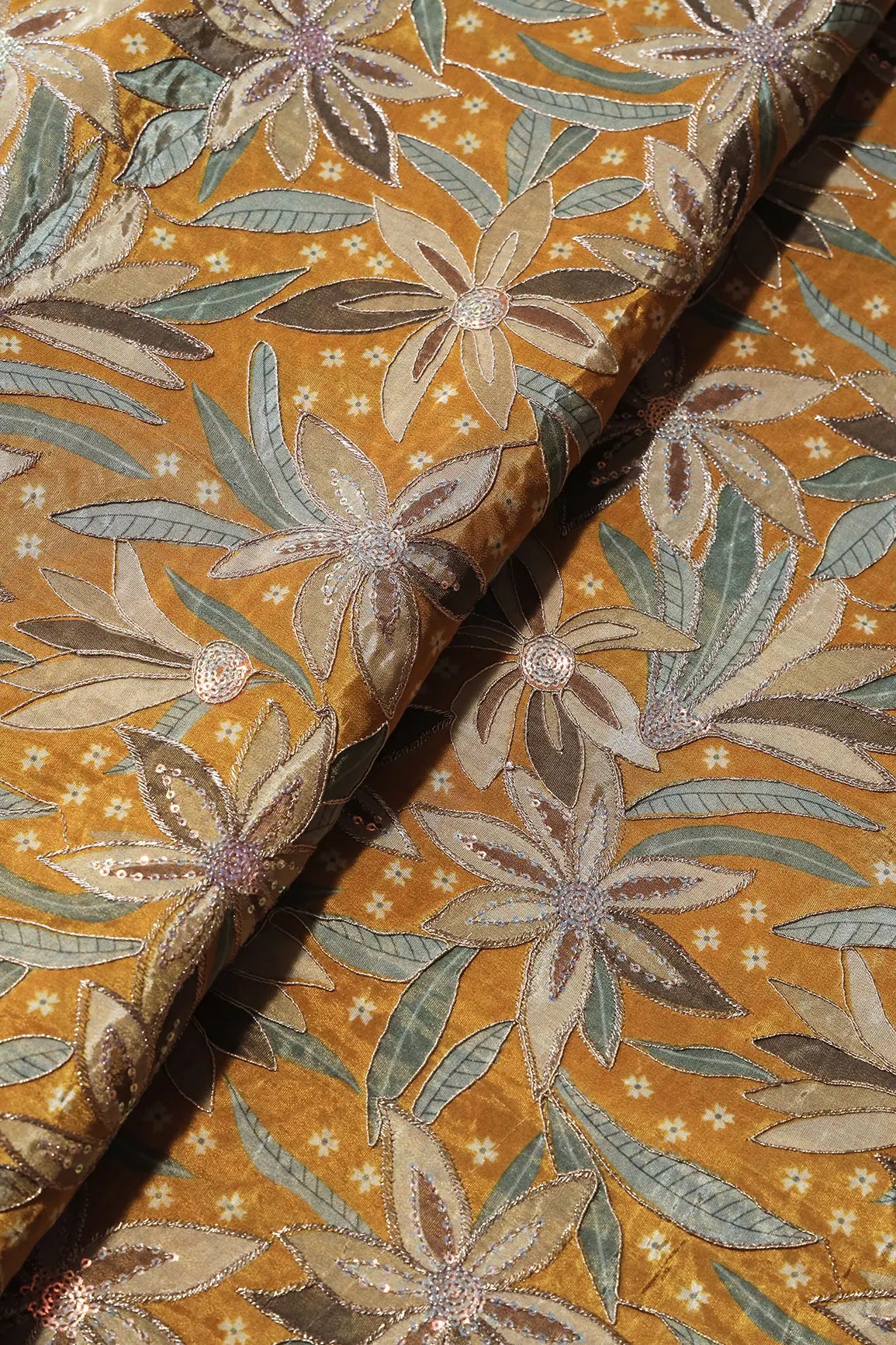 AIzaSyBcstauz-XMPRhEY21AUzeo032pxrXB5Ug - Floral Position Print On Sequins With Zari Embroidery Mustard Yellow Viscose Zari Tissue Fabric