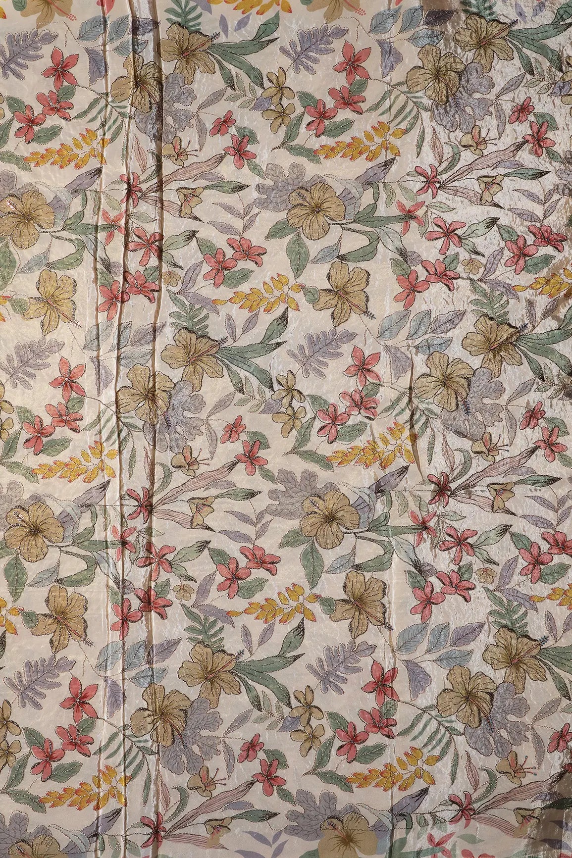 AIzaSyBcstauz-XMPRhEY21AUzeo032pxrXB5Ug - Floral Position Print On Zari Embroidery On Cream Viscose Zari Tissue Fabric