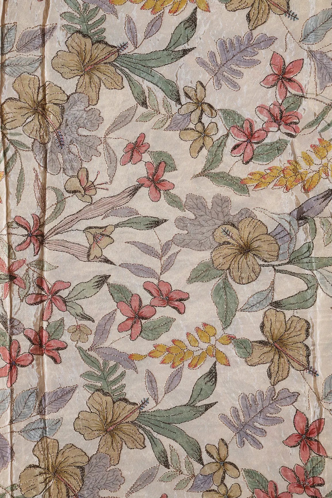 AIzaSyBcstauz-XMPRhEY21AUzeo032pxrXB5Ug - Floral Position Print On Zari Embroidery On Cream Viscose Zari Tissue Fabric