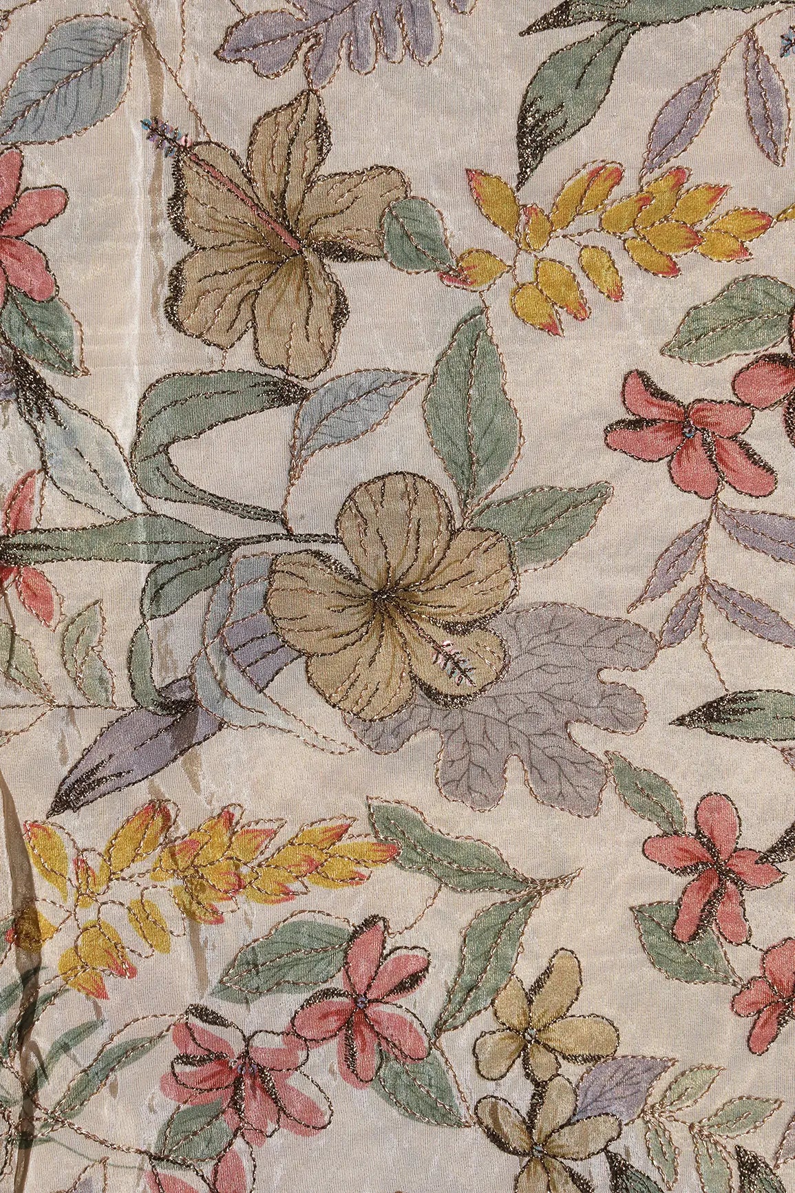 AIzaSyBcstauz-XMPRhEY21AUzeo032pxrXB5Ug - Floral Position Print On Zari Embroidery On Cream Viscose Zari Tissue Fabric