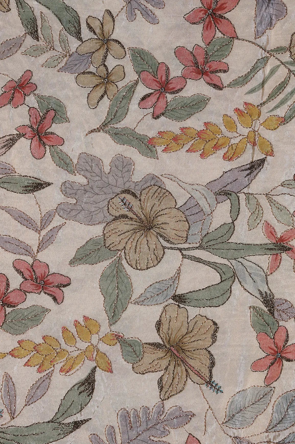 AIzaSyBcstauz-XMPRhEY21AUzeo032pxrXB5Ug - Floral Position Print On Zari Embroidery On Cream Viscose Zari Tissue Fabric