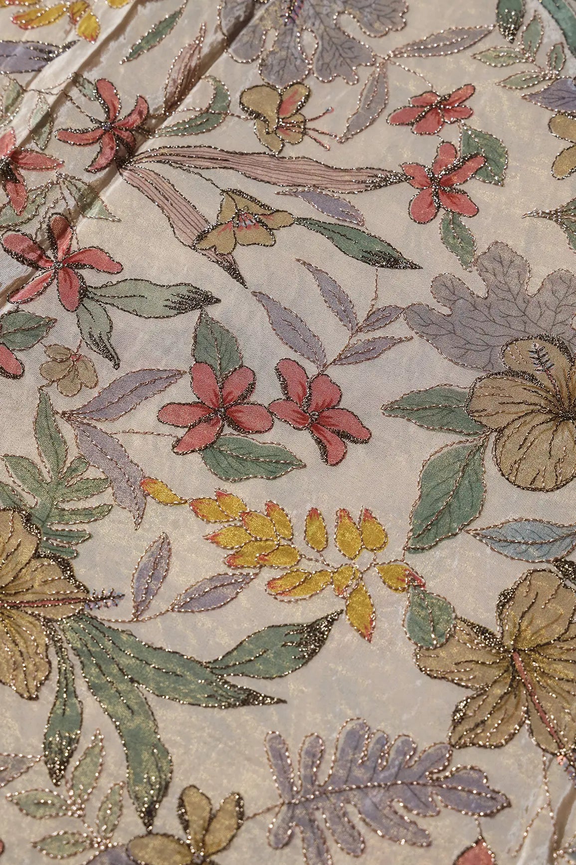 AIzaSyBcstauz-XMPRhEY21AUzeo032pxrXB5Ug - Floral Position Print On Zari Embroidery On Cream Viscose Zari Tissue Fabric