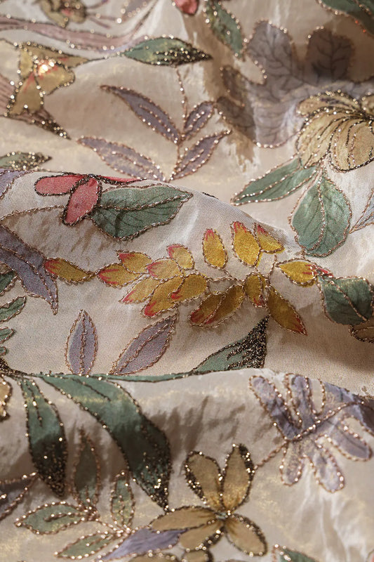 AIzaSyBcstauz-XMPRhEY21AUzeo032pxrXB5Ug - Floral Position Print On Zari Embroidery On Cream Viscose Zari Tissue Fabric