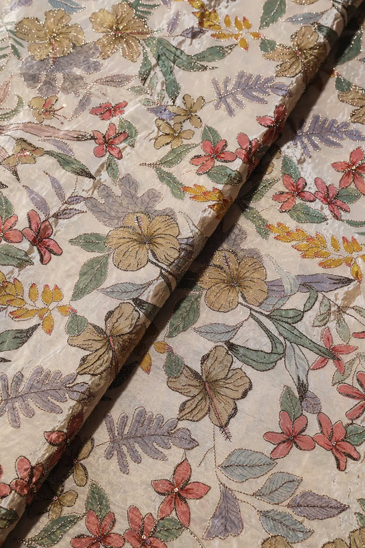 AIzaSyBcstauz-XMPRhEY21AUzeo032pxrXB5Ug - Floral Position Print On Zari Embroidery On Cream Viscose Zari Tissue Fabric