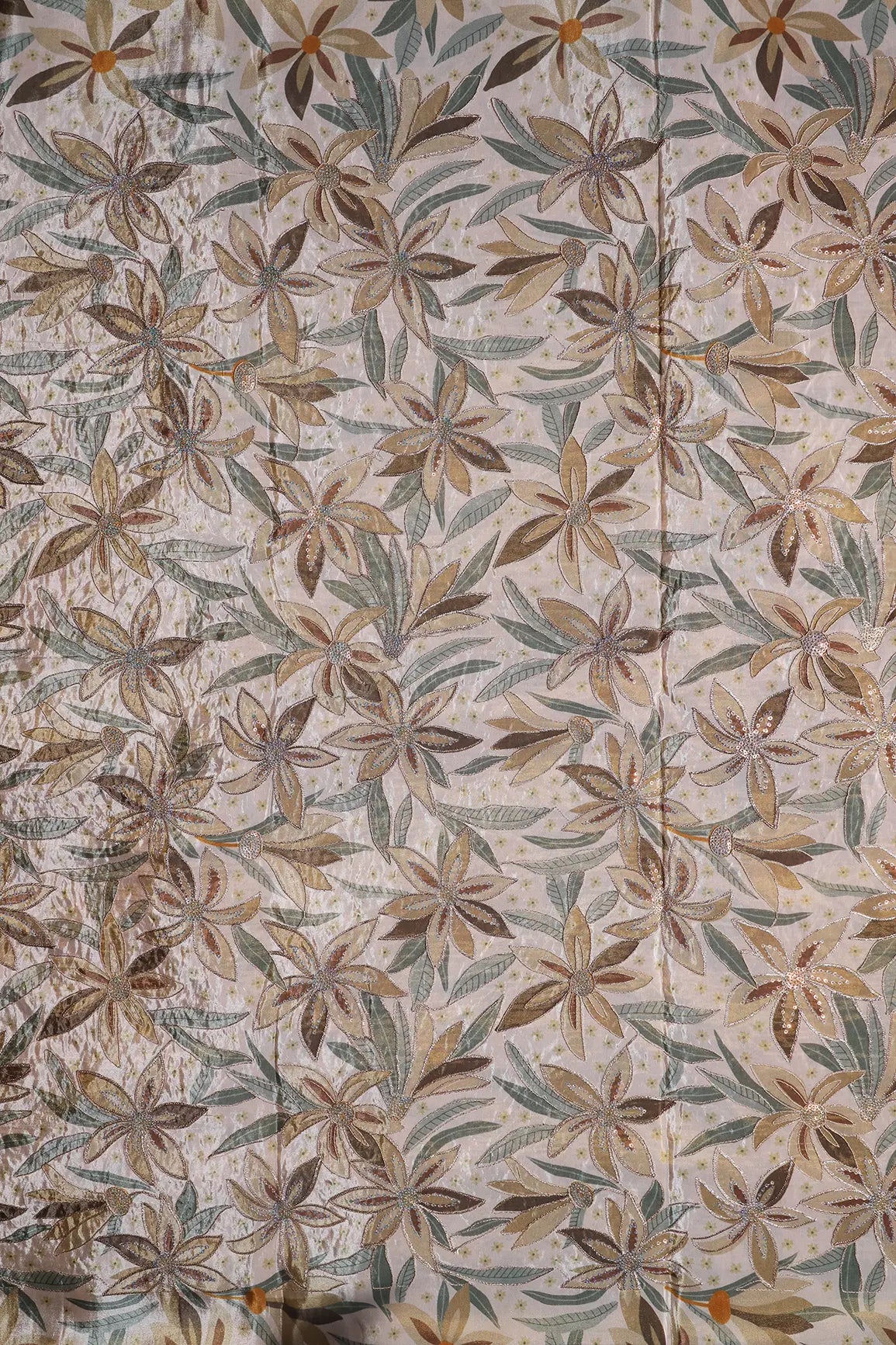 AIzaSyBcstauz-XMPRhEY21AUzeo032pxrXB5Ug - Floral Position Print On Sequins With Zari Embroidery Light Beige Viscose Zari Tissue Fabric