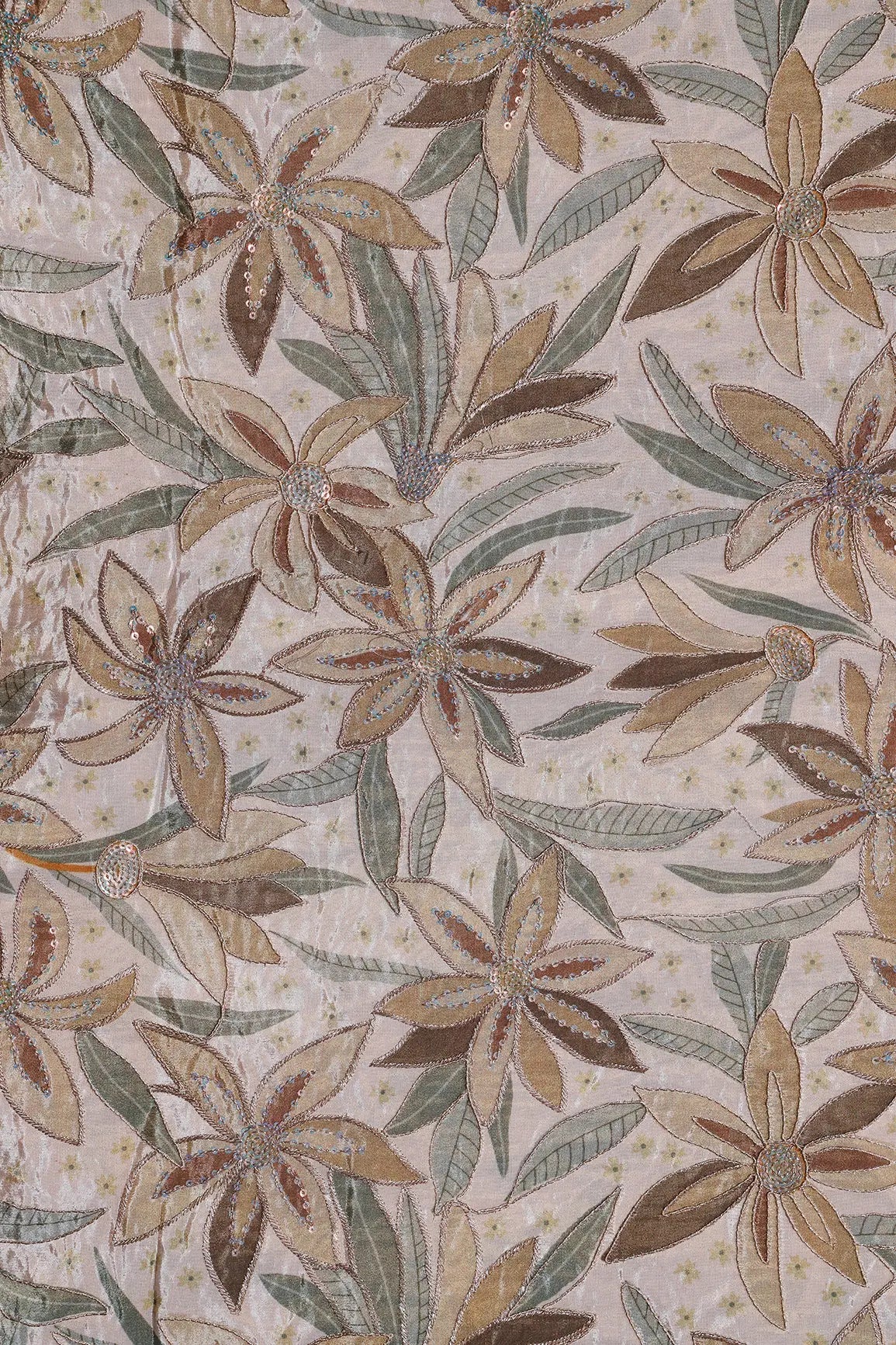 AIzaSyBcstauz-XMPRhEY21AUzeo032pxrXB5Ug - Floral Position Print On Sequins With Zari Embroidery Light Beige Viscose Zari Tissue Fabric