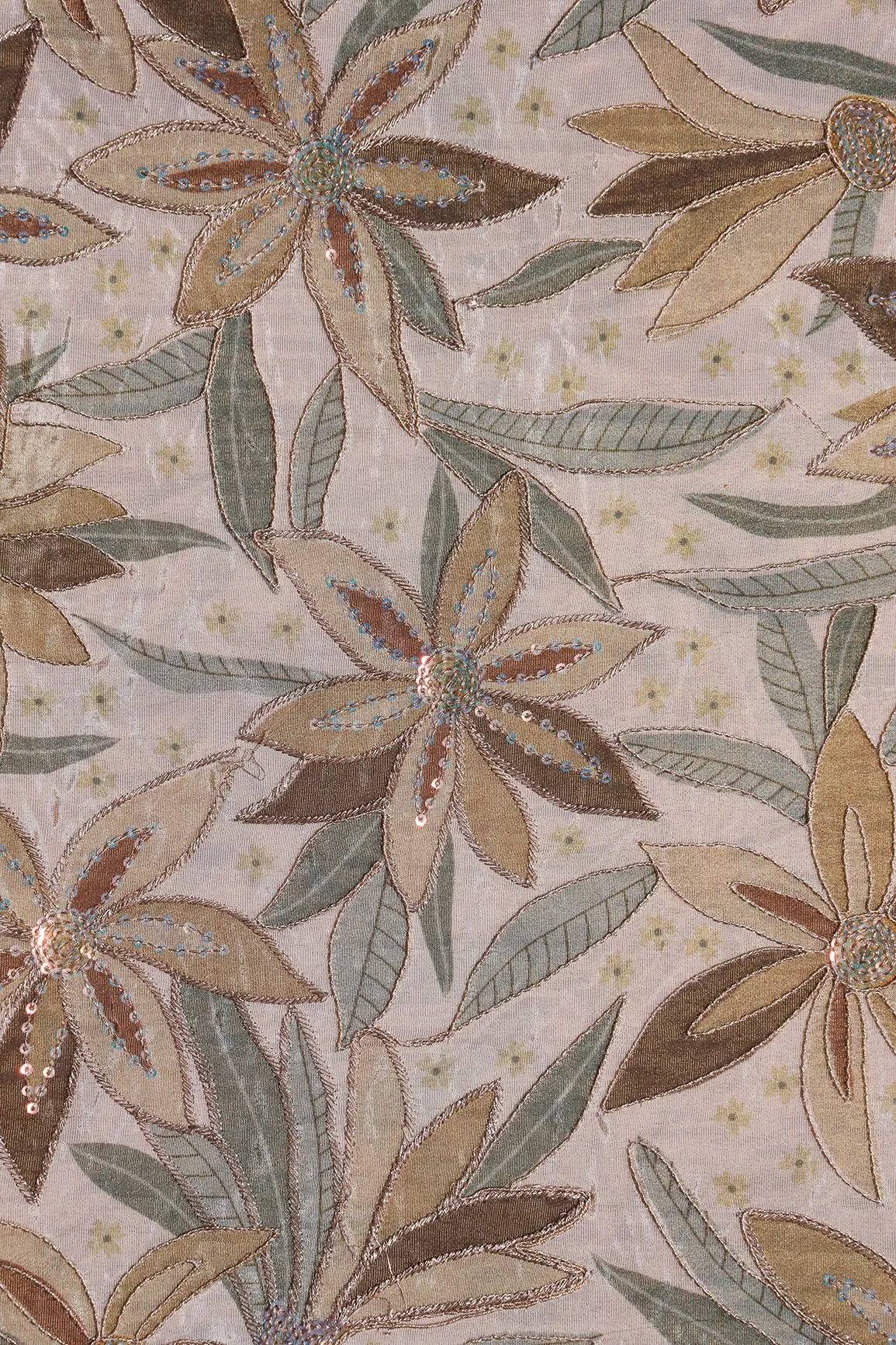 AIzaSyBcstauz-XMPRhEY21AUzeo032pxrXB5Ug - Floral Position Print On Sequins With Zari Embroidery Light Beige Viscose Zari Tissue Fabric
