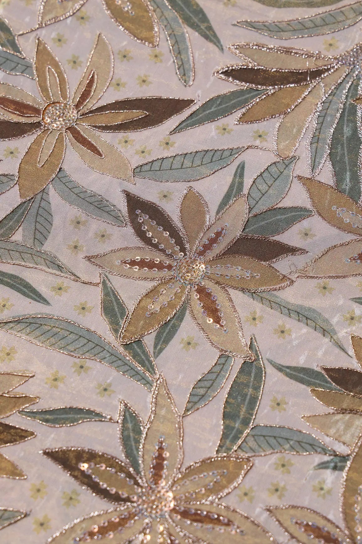 AIzaSyBcstauz-XMPRhEY21AUzeo032pxrXB5Ug - Floral Position Print On Sequins With Zari Embroidery Light Beige Viscose Zari Tissue Fabric