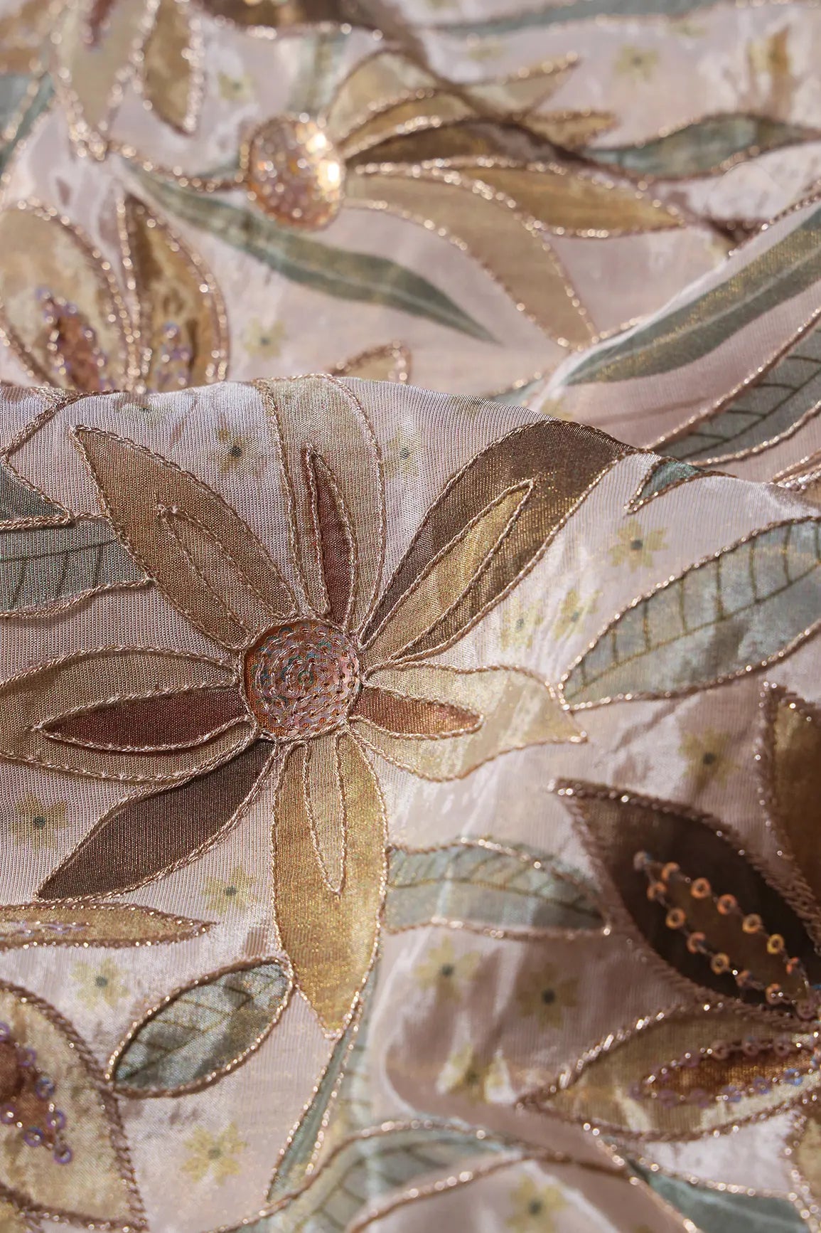 AIzaSyBcstauz-XMPRhEY21AUzeo032pxrXB5Ug - Floral Position Print On Sequins With Zari Embroidery Light Beige Viscose Zari Tissue Fabric
