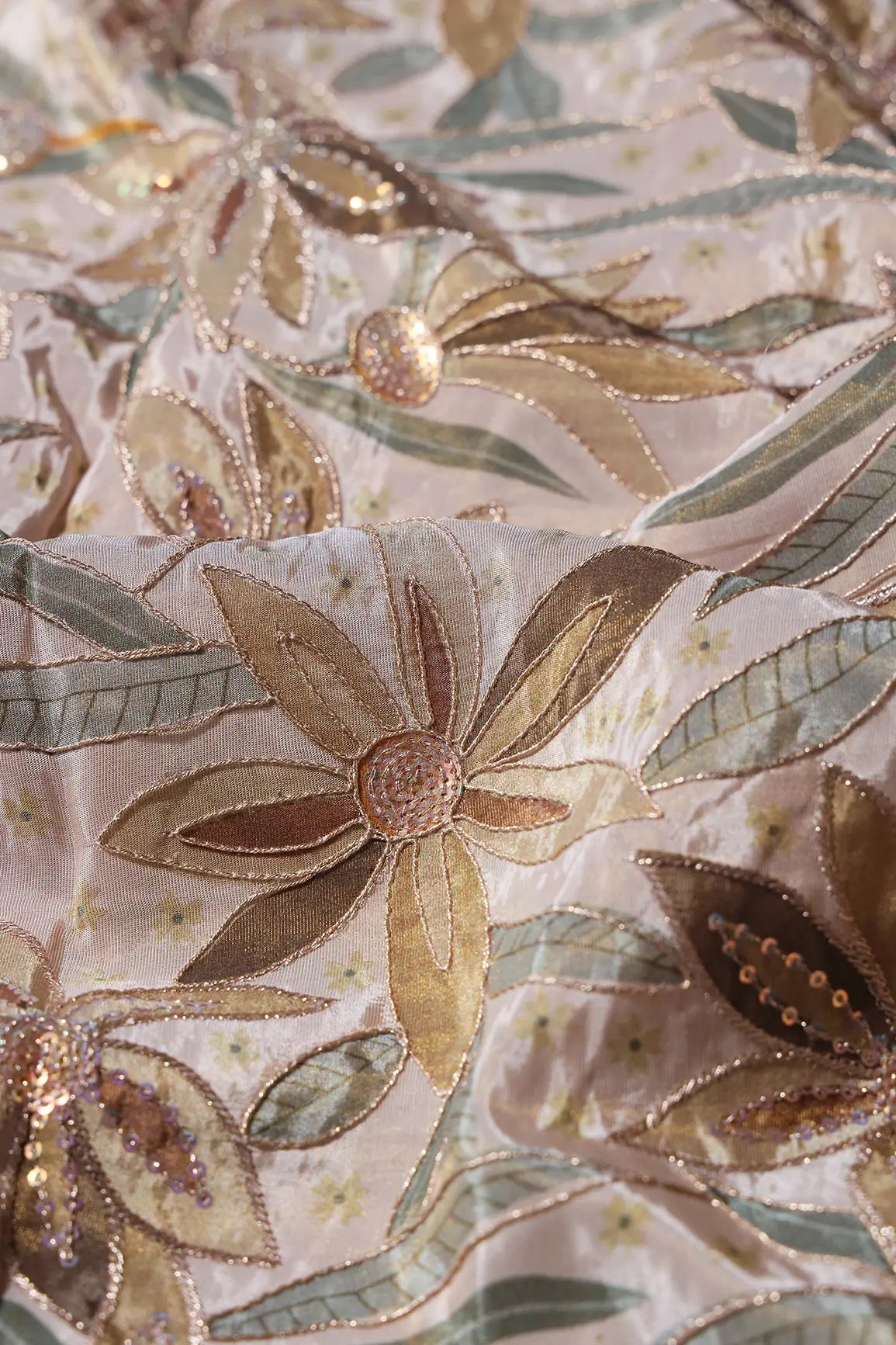 AIzaSyBcstauz-XMPRhEY21AUzeo032pxrXB5Ug - Floral Position Print On Sequins With Zari Embroidery Light Beige Viscose Zari Tissue Fabric