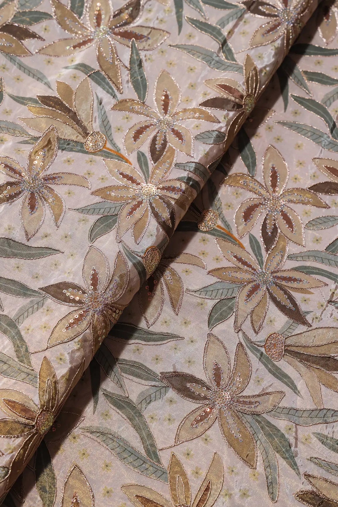 AIzaSyBcstauz-XMPRhEY21AUzeo032pxrXB5Ug - Floral Position Print On Sequins With Zari Embroidery Light Beige Viscose Zari Tissue Fabric