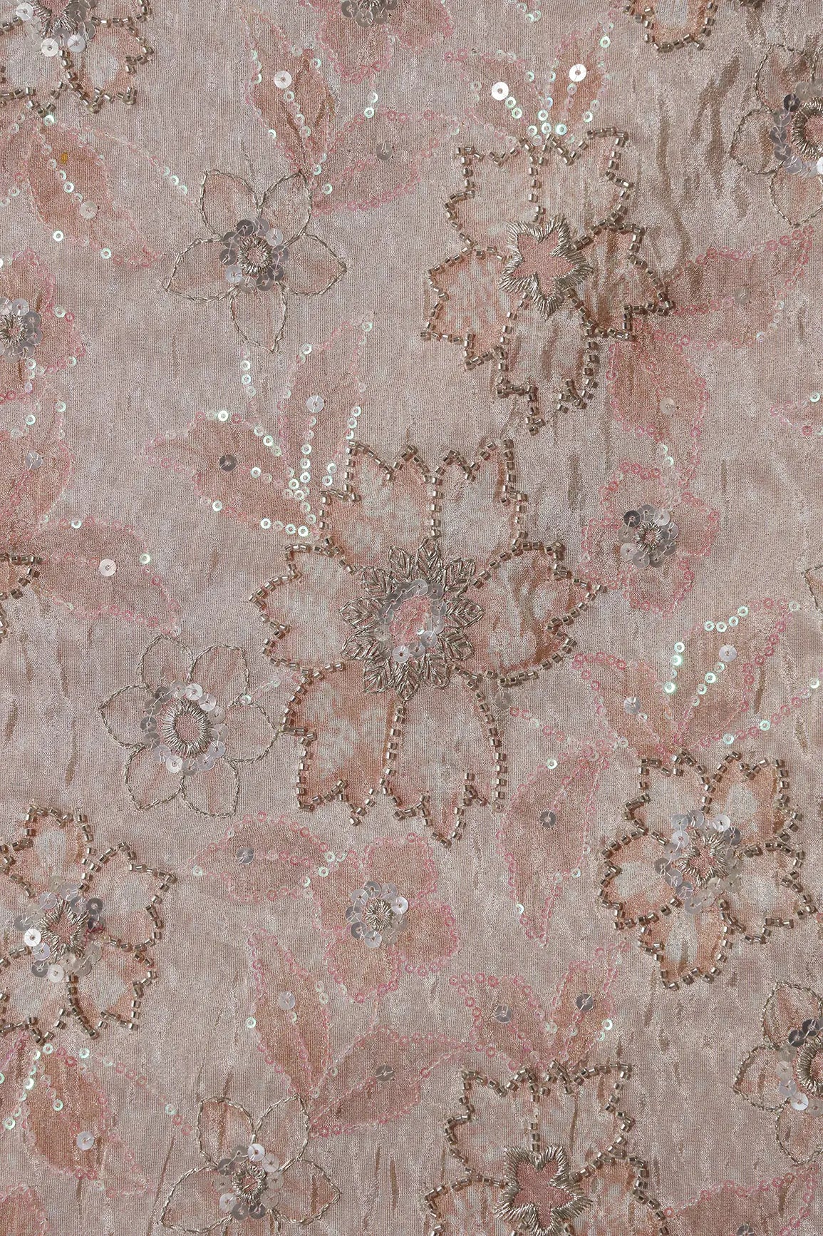 AIzaSyBcstauz-XMPRhEY21AUzeo032pxrXB5Ug - Floral Position Print On Sequins With Beads Embroidery Light Beige Viscose Zari Tissue Fabric