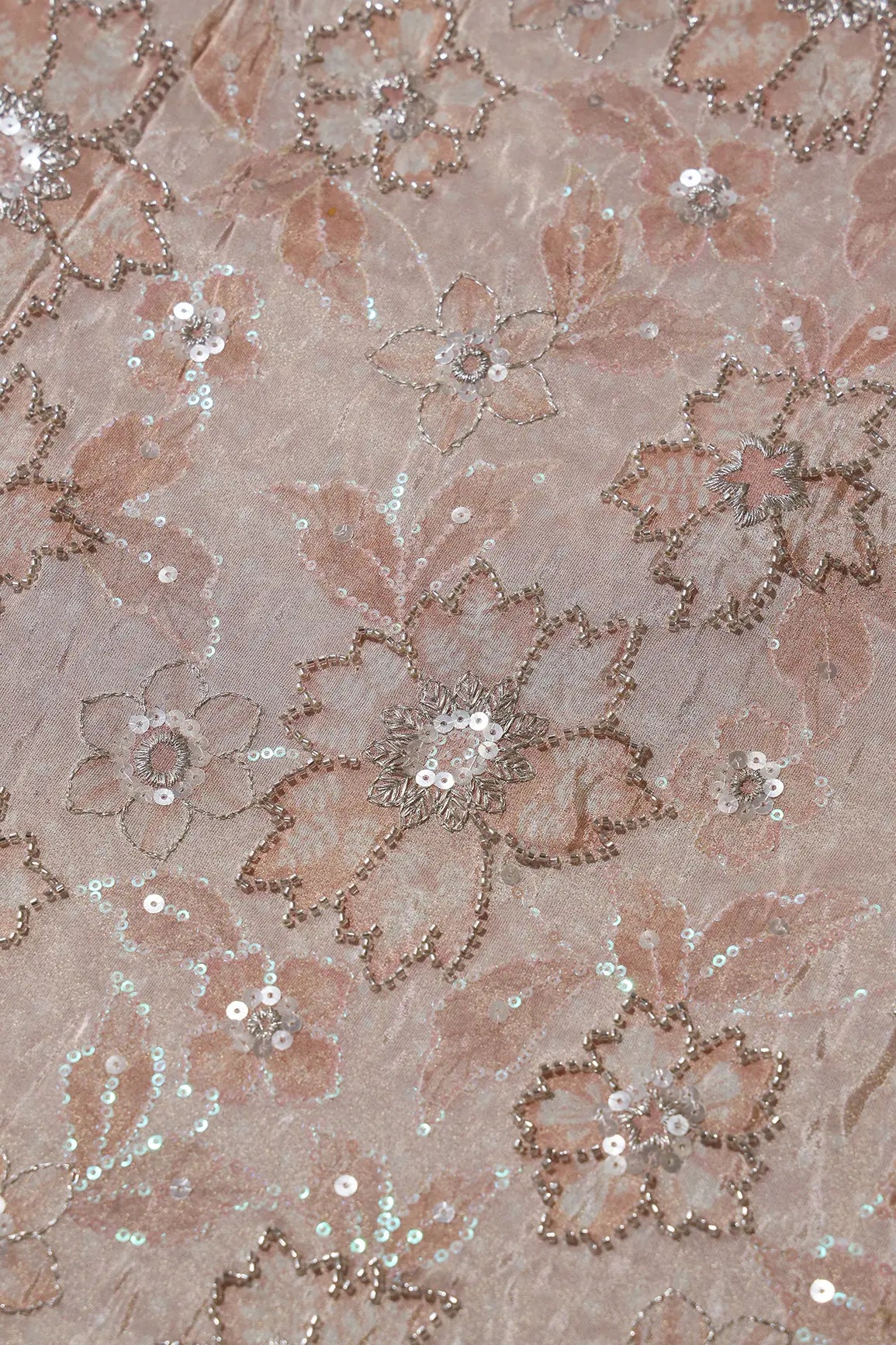 AIzaSyBcstauz-XMPRhEY21AUzeo032pxrXB5Ug - Floral Position Print On Sequins With Beads Embroidery Light Beige Viscose Zari Tissue Fabric
