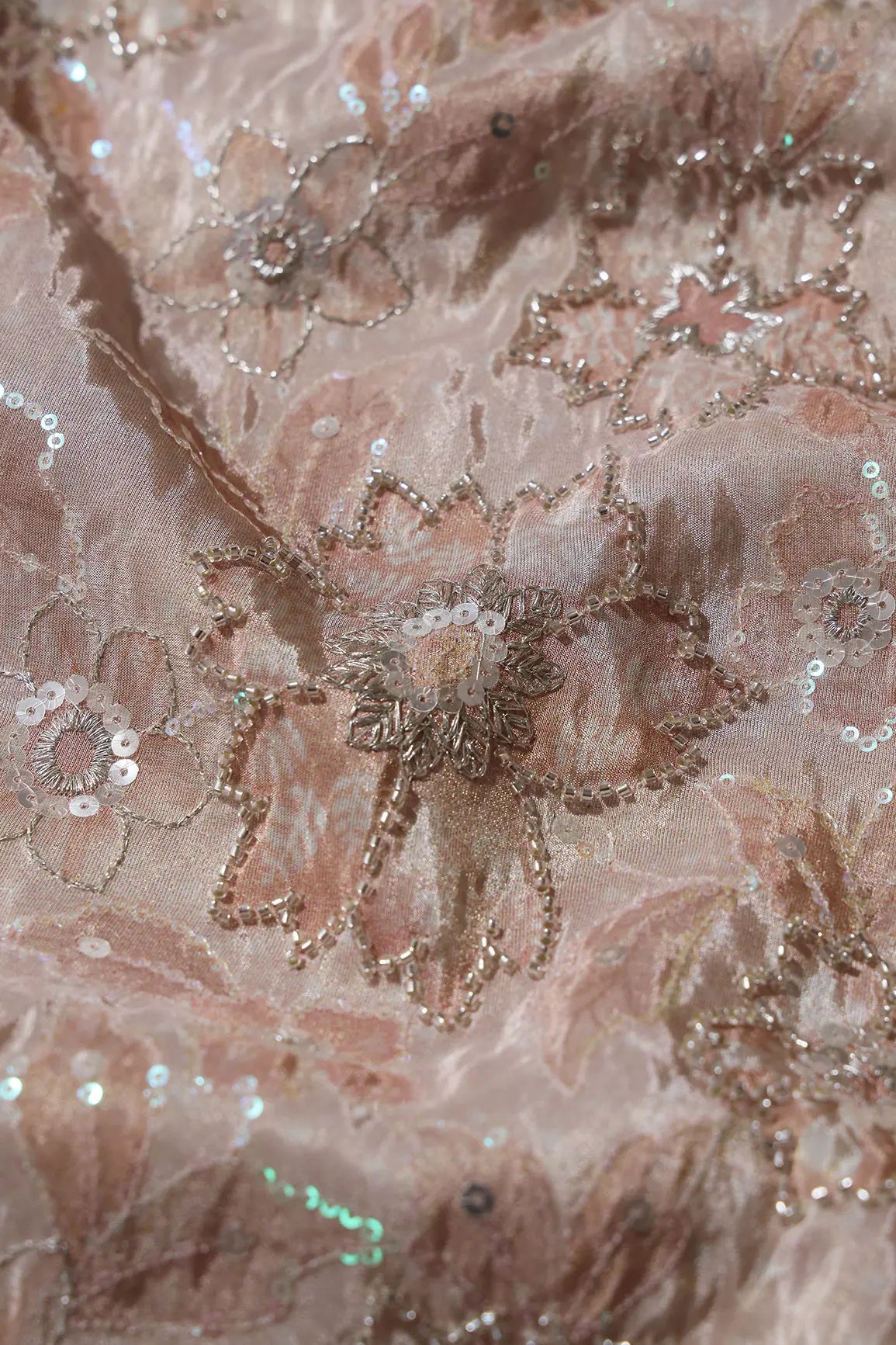 AIzaSyBcstauz-XMPRhEY21AUzeo032pxrXB5Ug - Floral Position Print On Sequins With Beads Embroidery Light Beige Viscose Zari Tissue Fabric