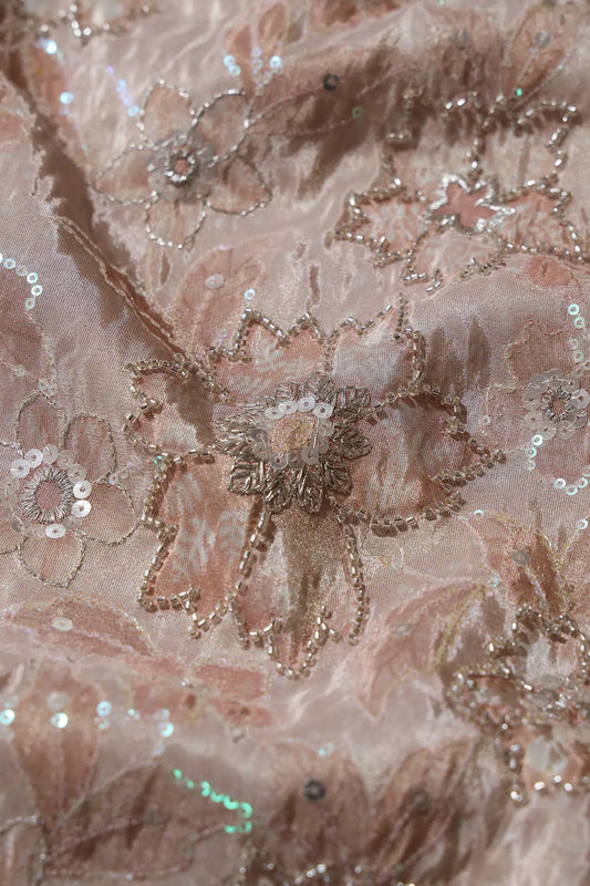 AIzaSyBcstauz-XMPRhEY21AUzeo032pxrXB5Ug - Floral Position Print On Sequins With Beads Embroidery Light Beige Viscose Zari Tissue Fabric