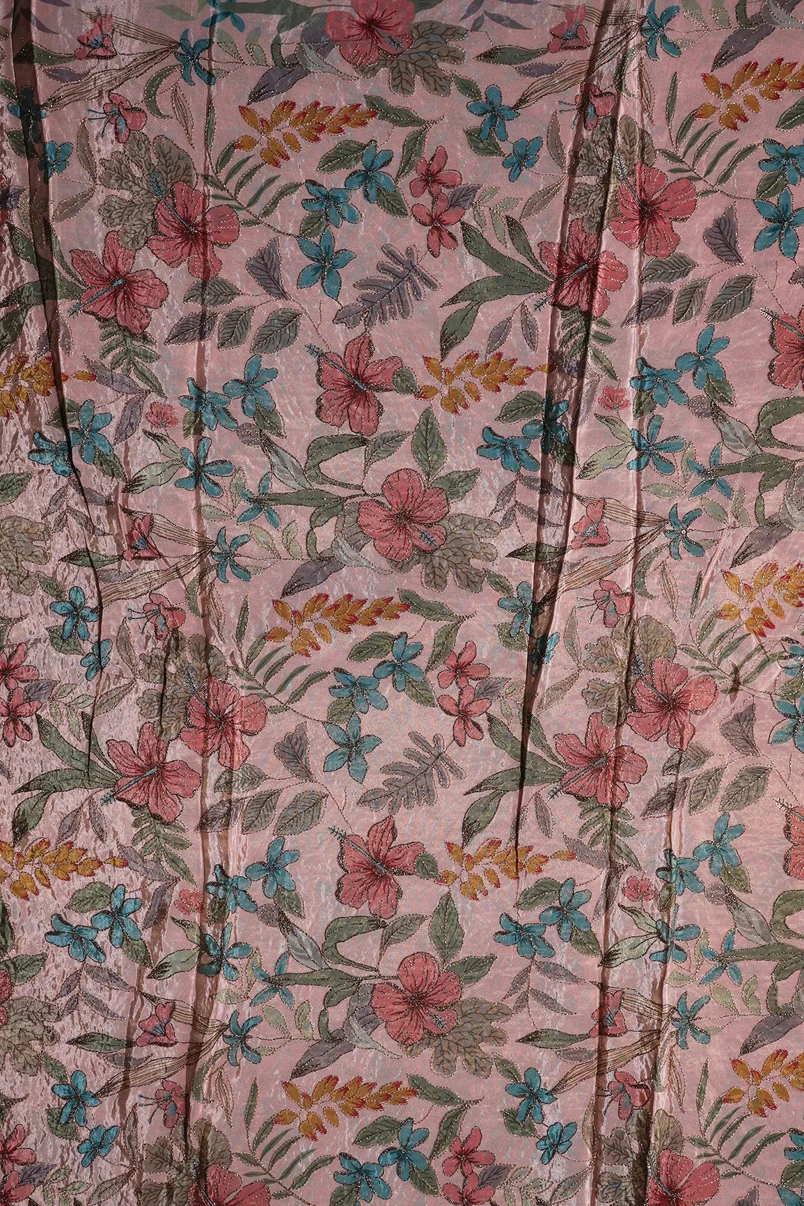 AIzaSyBcstauz-XMPRhEY21AUzeo032pxrXB5Ug - Floral Position Print On Zari Embroidery On Pink Viscose Zari Tissue Fabric