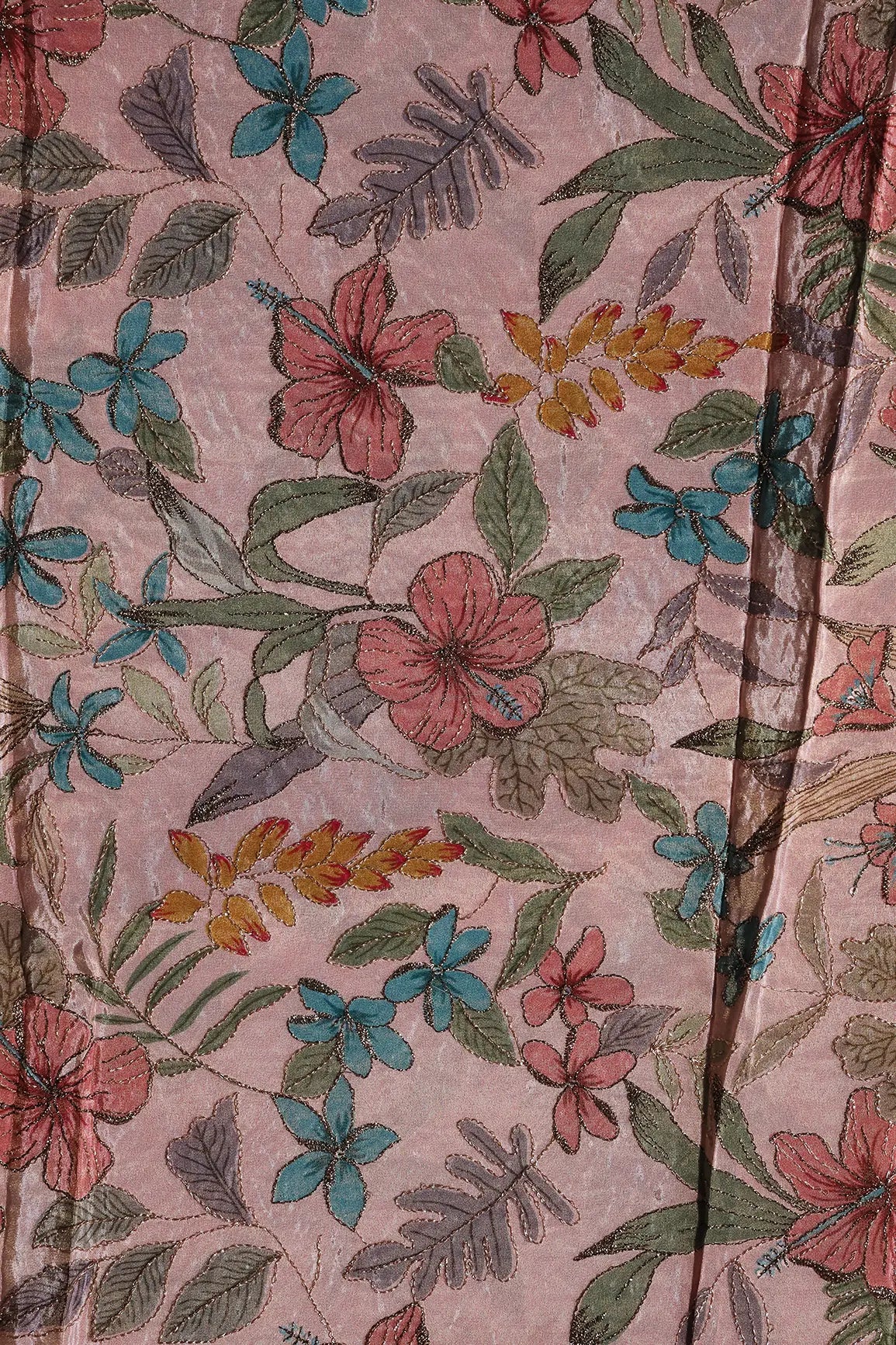 AIzaSyBcstauz-XMPRhEY21AUzeo032pxrXB5Ug - Floral Position Print On Zari Embroidery On Pink Viscose Zari Tissue Fabric