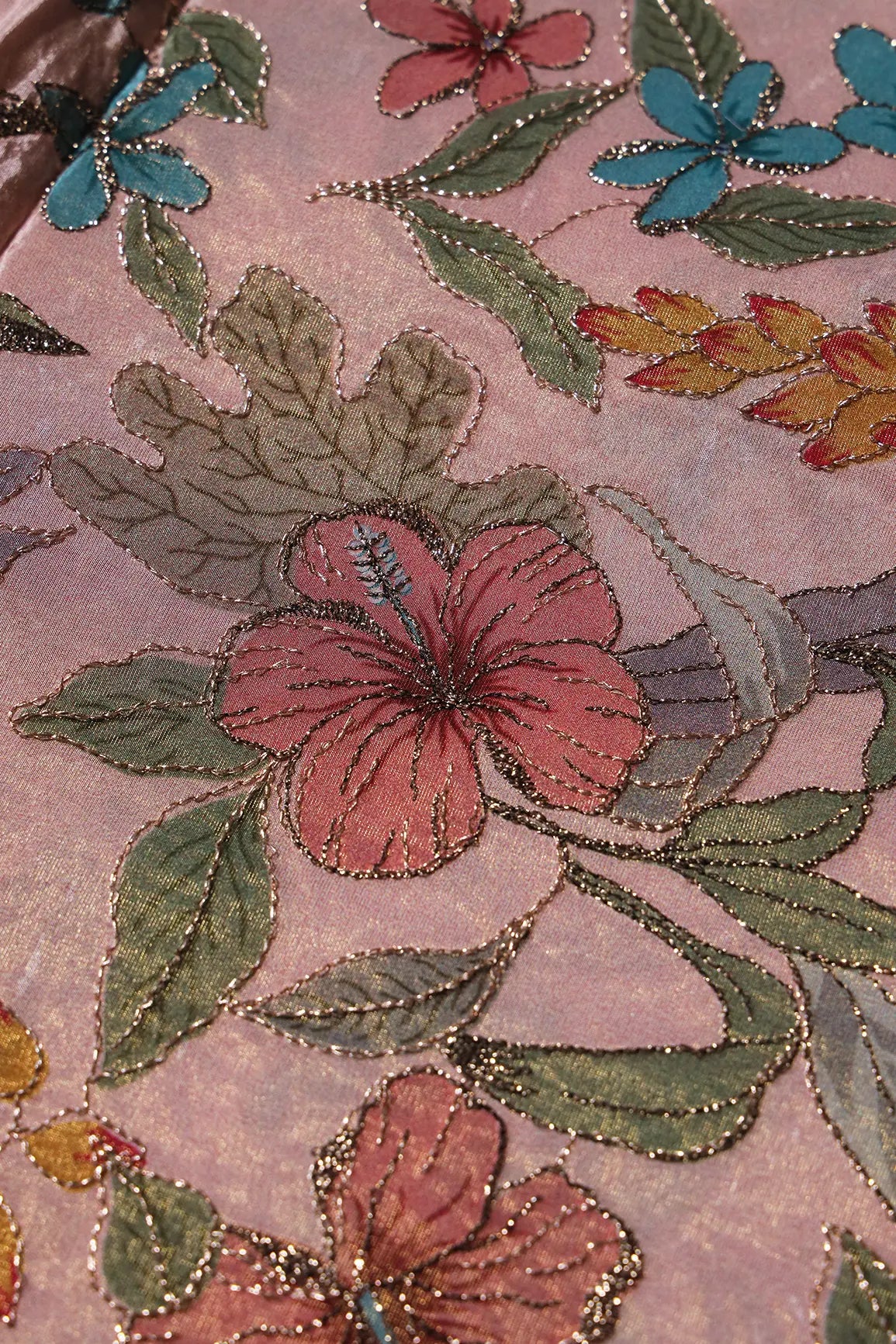 AIzaSyBcstauz-XMPRhEY21AUzeo032pxrXB5Ug - Floral Position Print On Zari Embroidery On Pink Viscose Zari Tissue Fabric