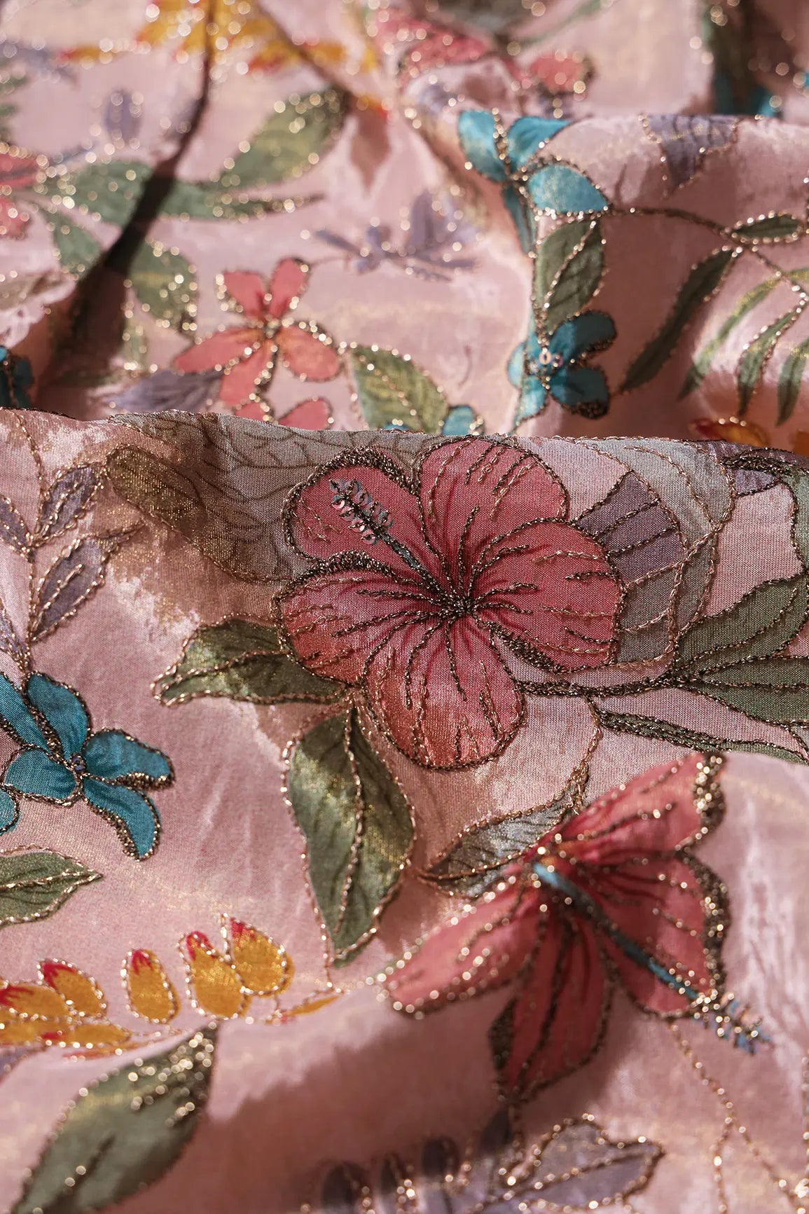 AIzaSyBcstauz-XMPRhEY21AUzeo032pxrXB5Ug - Floral Position Print On Zari Embroidery On Pink Viscose Zari Tissue Fabric