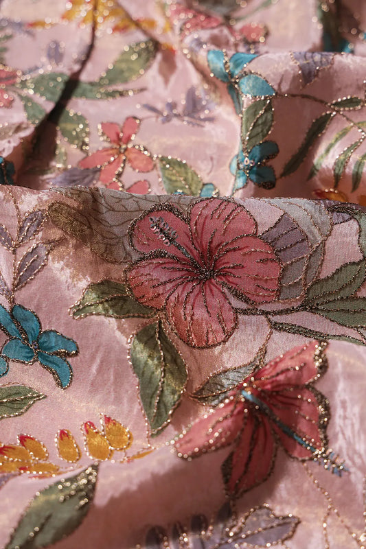 AIzaSyBcstauz-XMPRhEY21AUzeo032pxrXB5Ug - Floral Position Print On Zari Embroidery On Pink Viscose Zari Tissue Fabric
