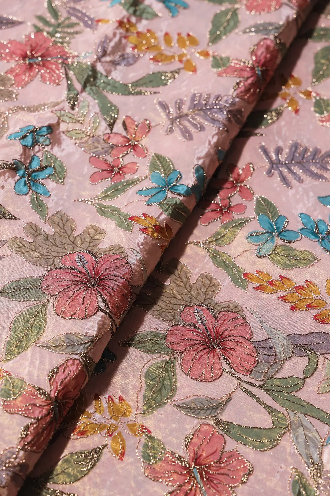 AIzaSyBcstauz-XMPRhEY21AUzeo032pxrXB5Ug - Floral Position Print On Zari Embroidery On Pink Viscose Zari Tissue Fabric