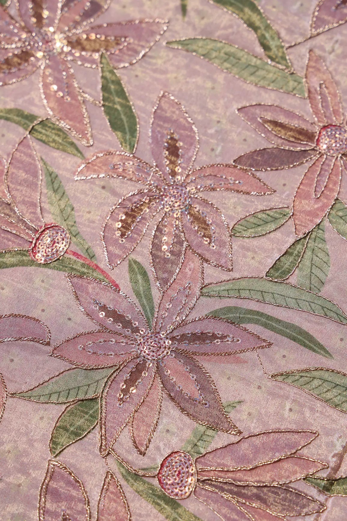 AIzaSyBcstauz-XMPRhEY21AUzeo032pxrXB5Ug - Floral Position Print On Sequins With Zari Embroidery Pink Viscose Zari Tissue Fabric