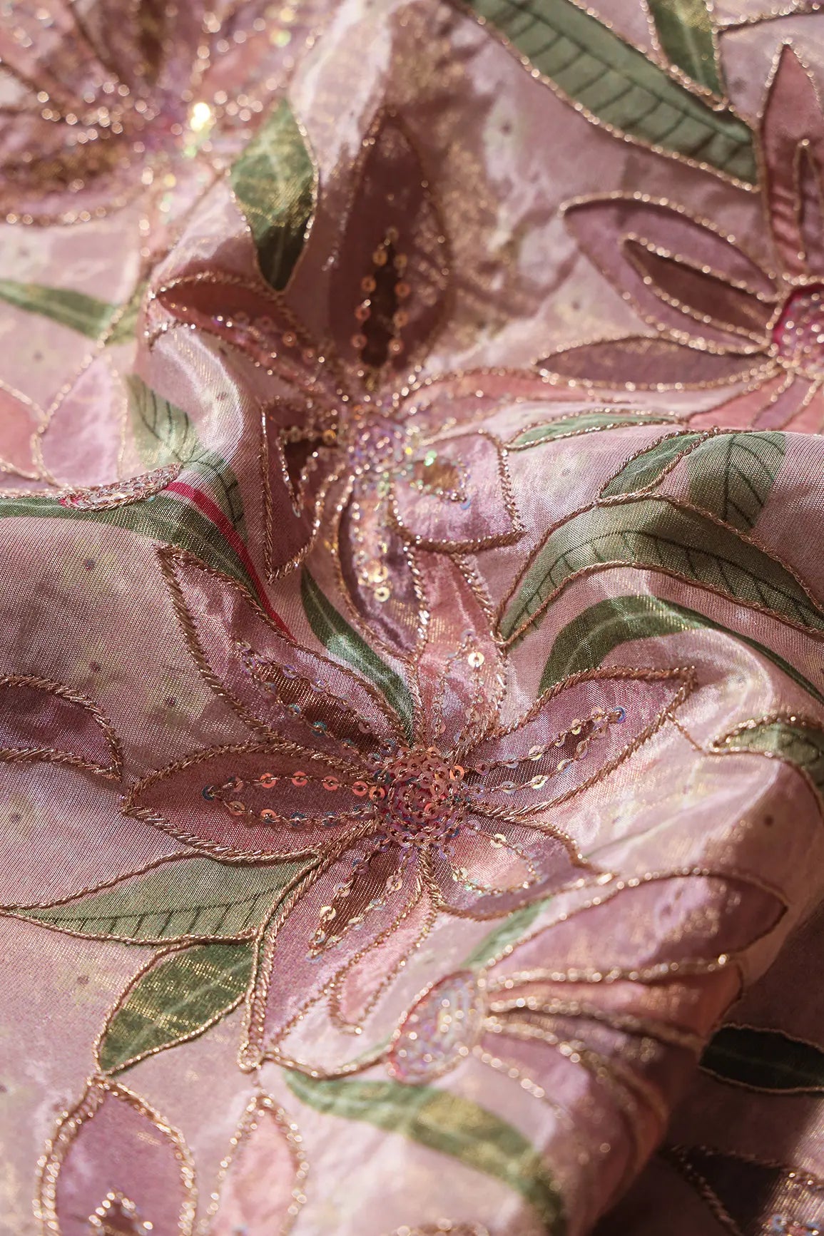 AIzaSyBcstauz-XMPRhEY21AUzeo032pxrXB5Ug - Floral Position Print On Sequins With Zari Embroidery Pink Viscose Zari Tissue Fabric