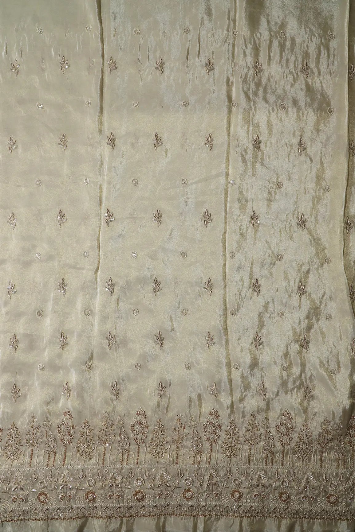 AIzaSyBcstauz-XMPRhEY21AUzeo032pxrXB5Ug - Big Width 56 Gold Sequins With Beads Floral Booti Embroidery On Dyeable Viscose Zari Tissue Fabric With Floral Border